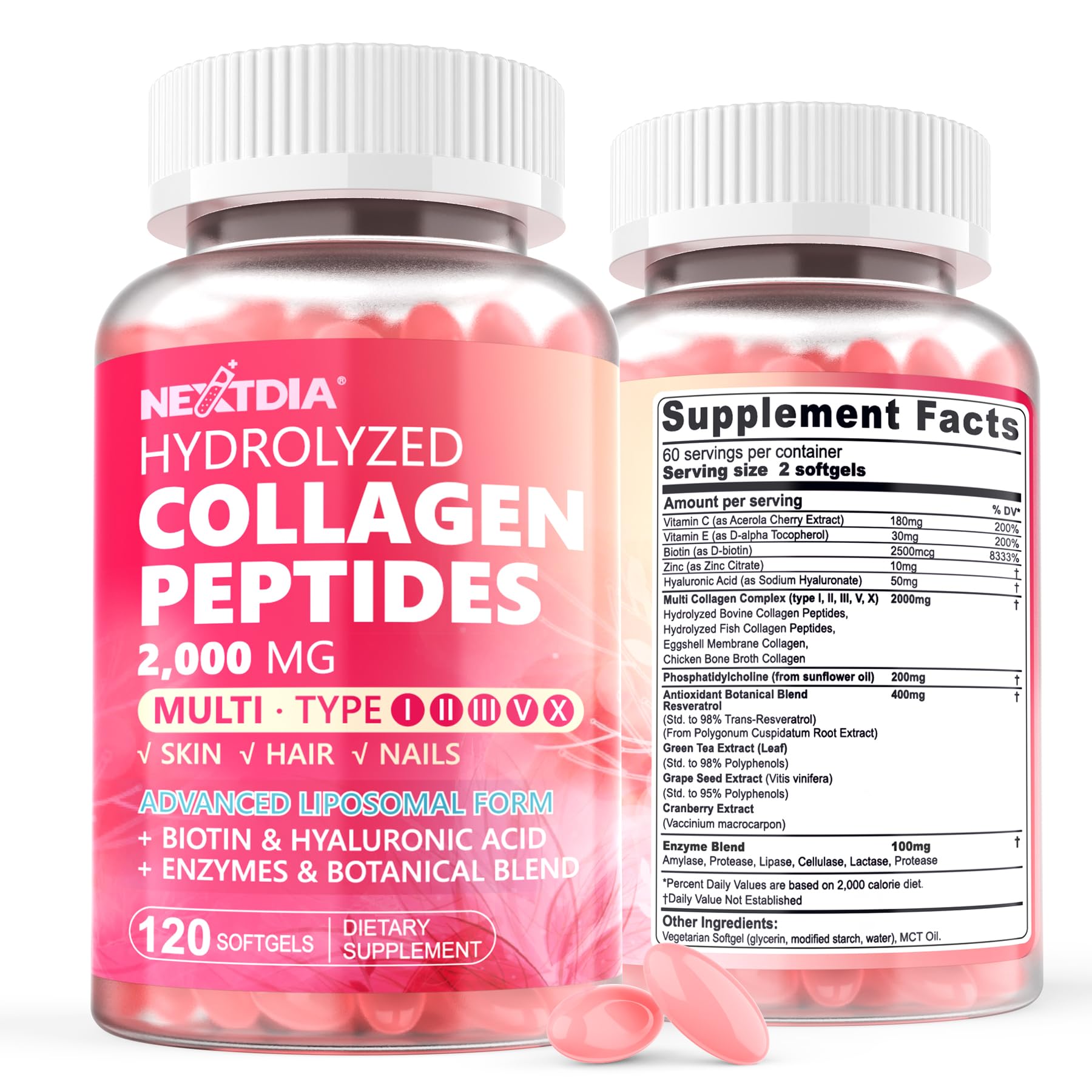 Nextdia Multi-Collagen Supplement softgel bottle front view