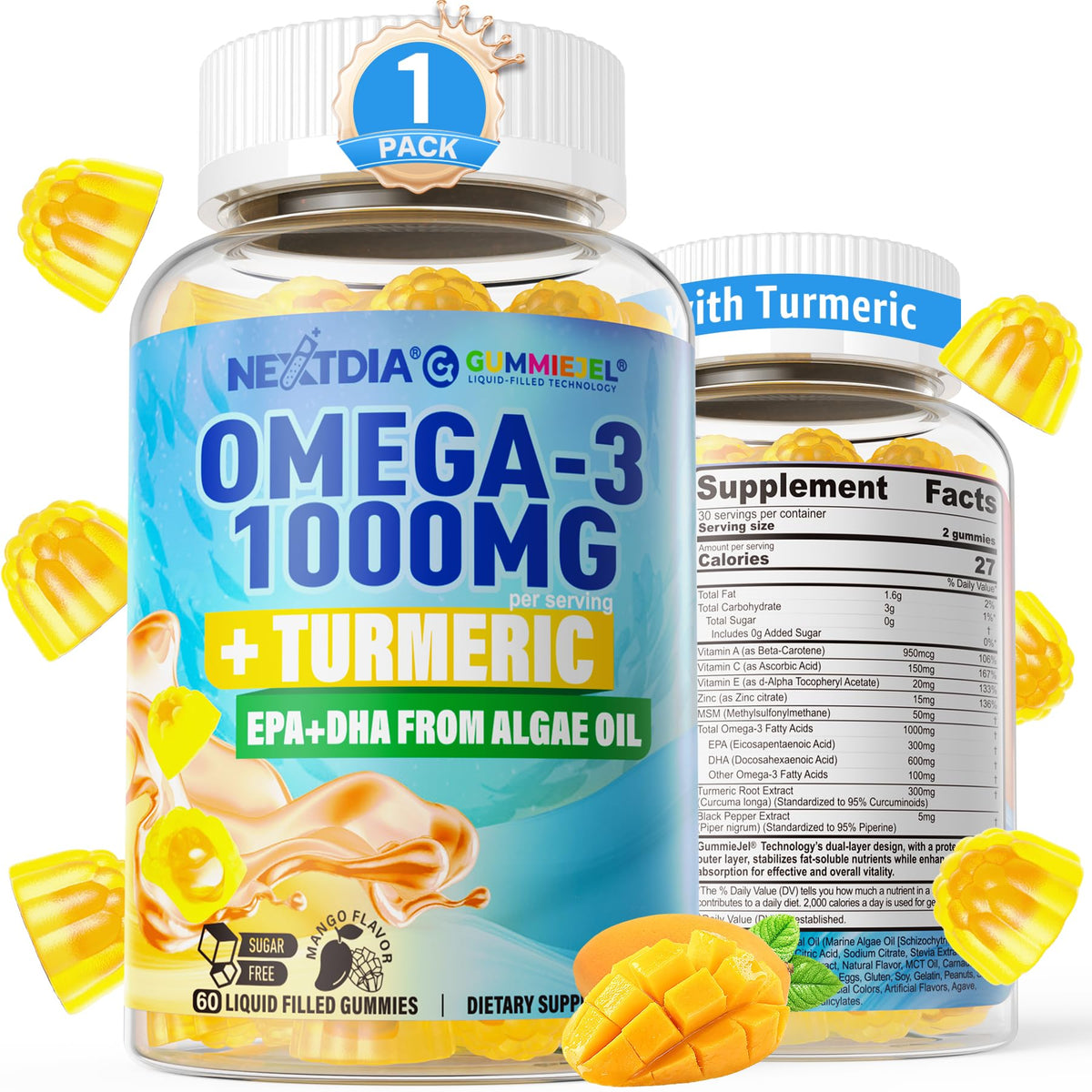 Nextdia Omega-3 Gummies front view with packaging