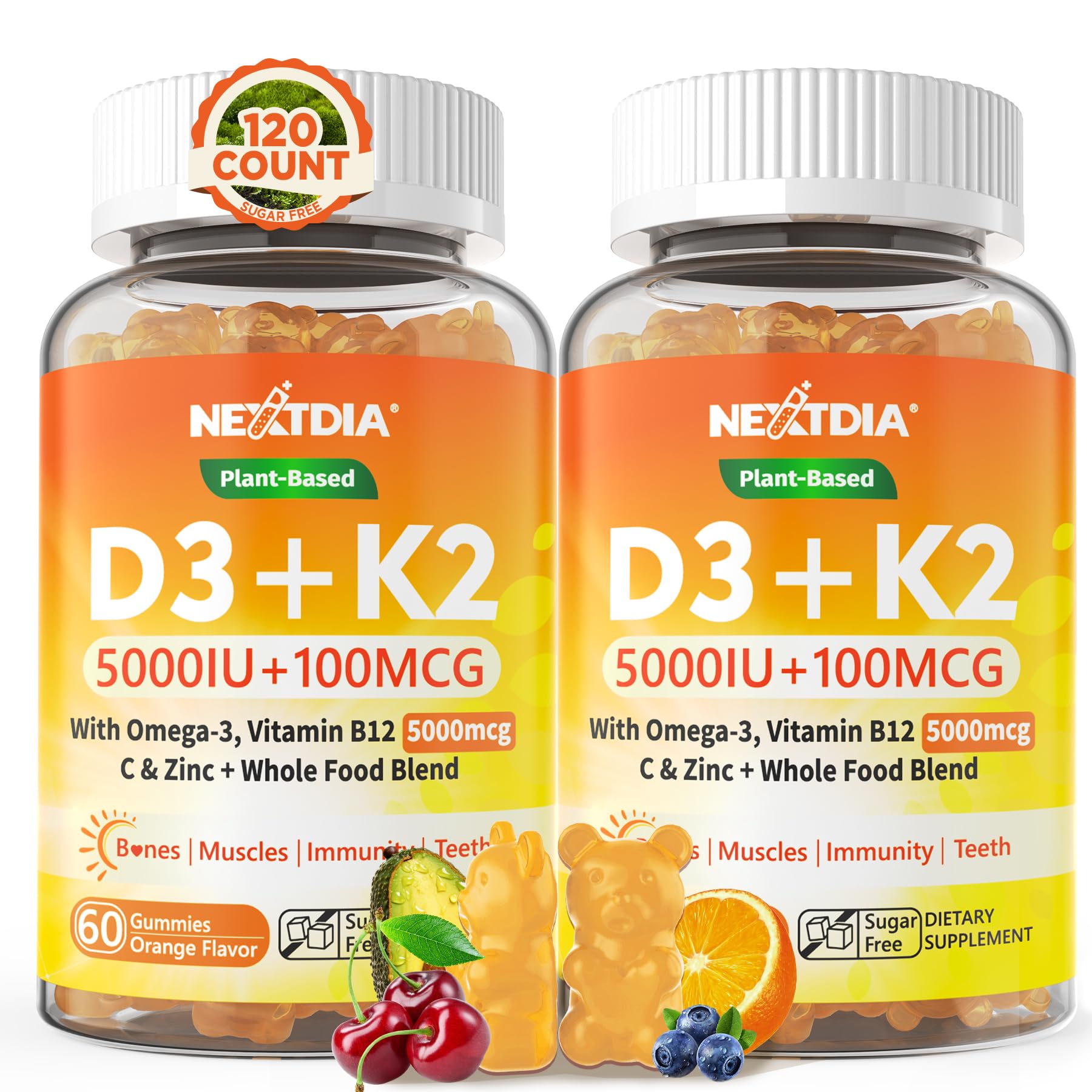 Nextdia Organic D3 K2 Gummies front view with orange flavour