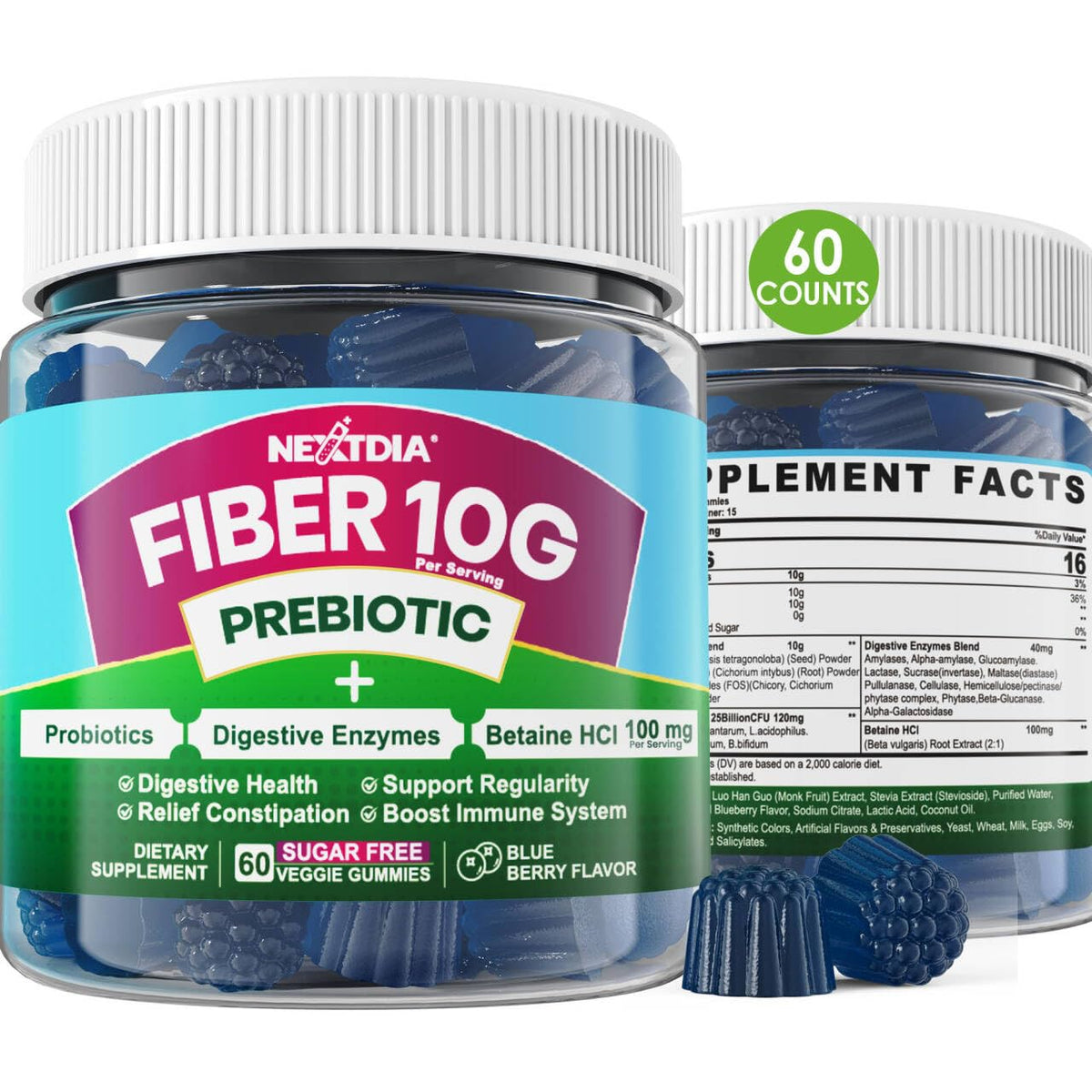 Nextdia Organic Prebiotic Fiber Gummies front view with packaging