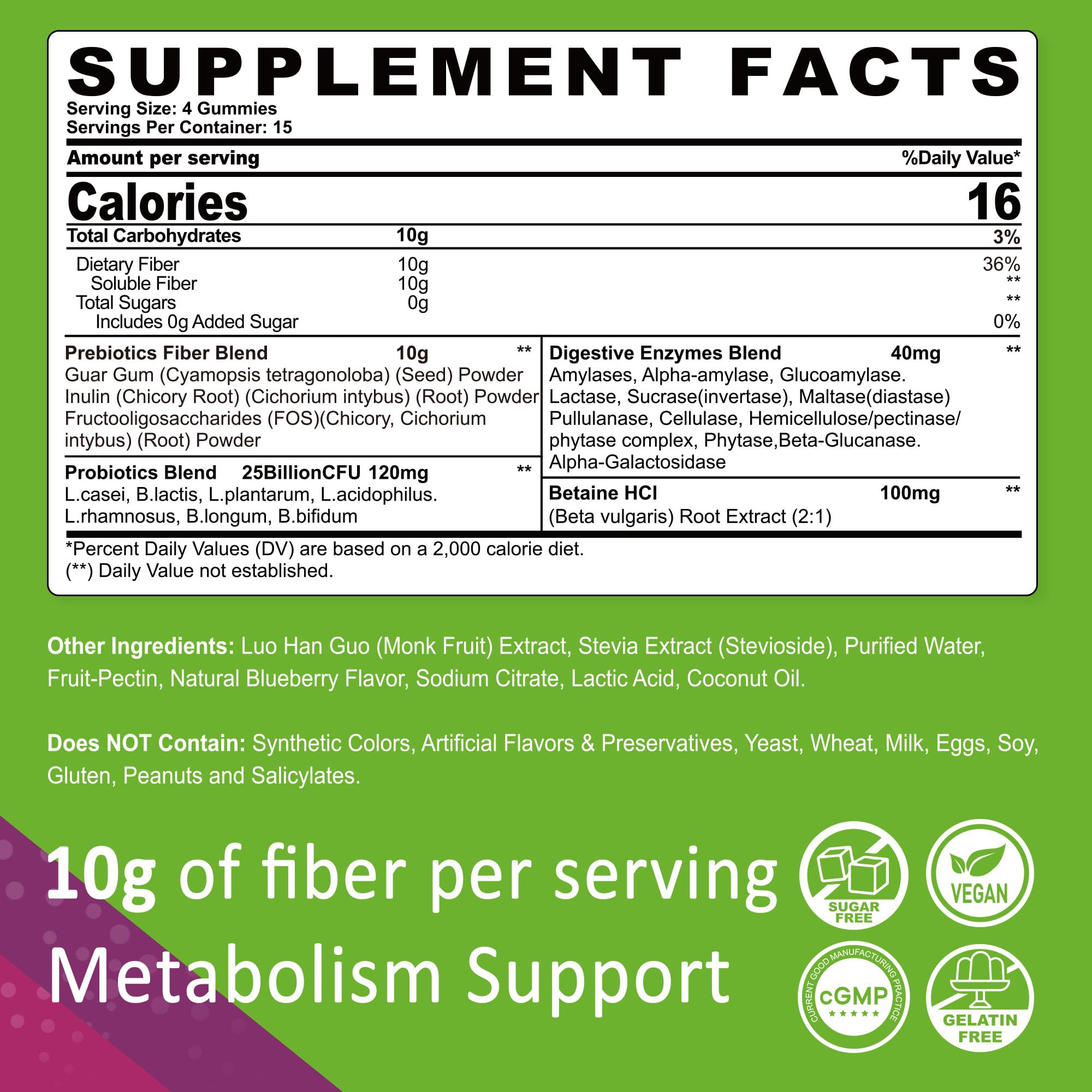 Nextdia Organic Prebiotic Fiber Gummies side view showing ingredients