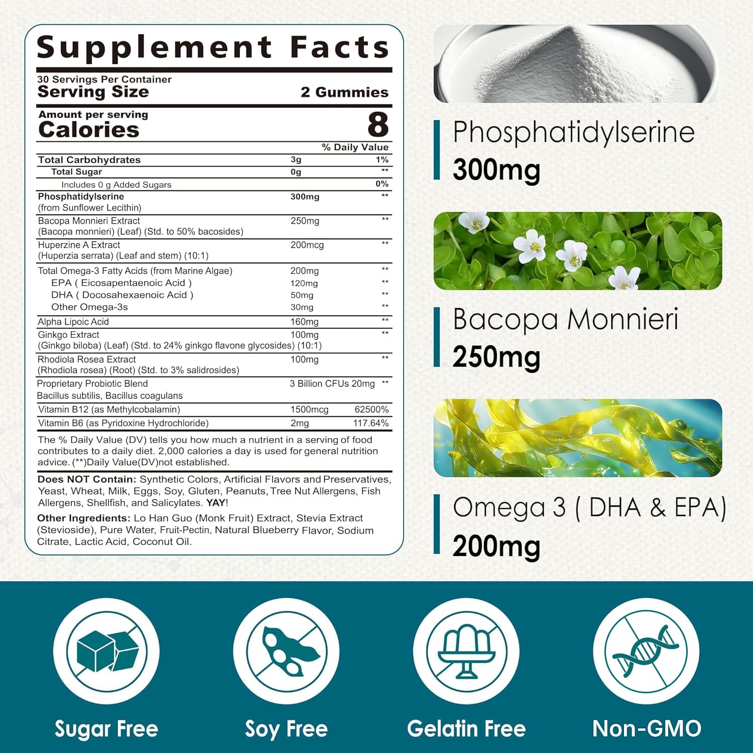 Nextdia Phosphatidylserine Gummies 300mg side view with nutritional information