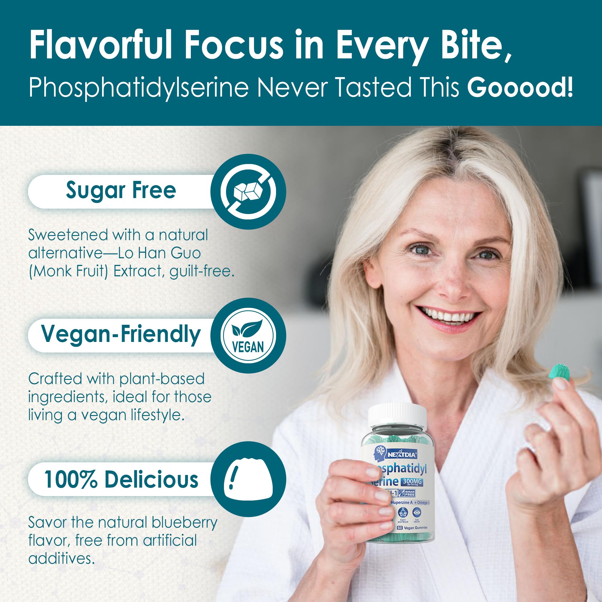 Nextdia Phosphatidylserine Gummies 300mg with a measuring spoon