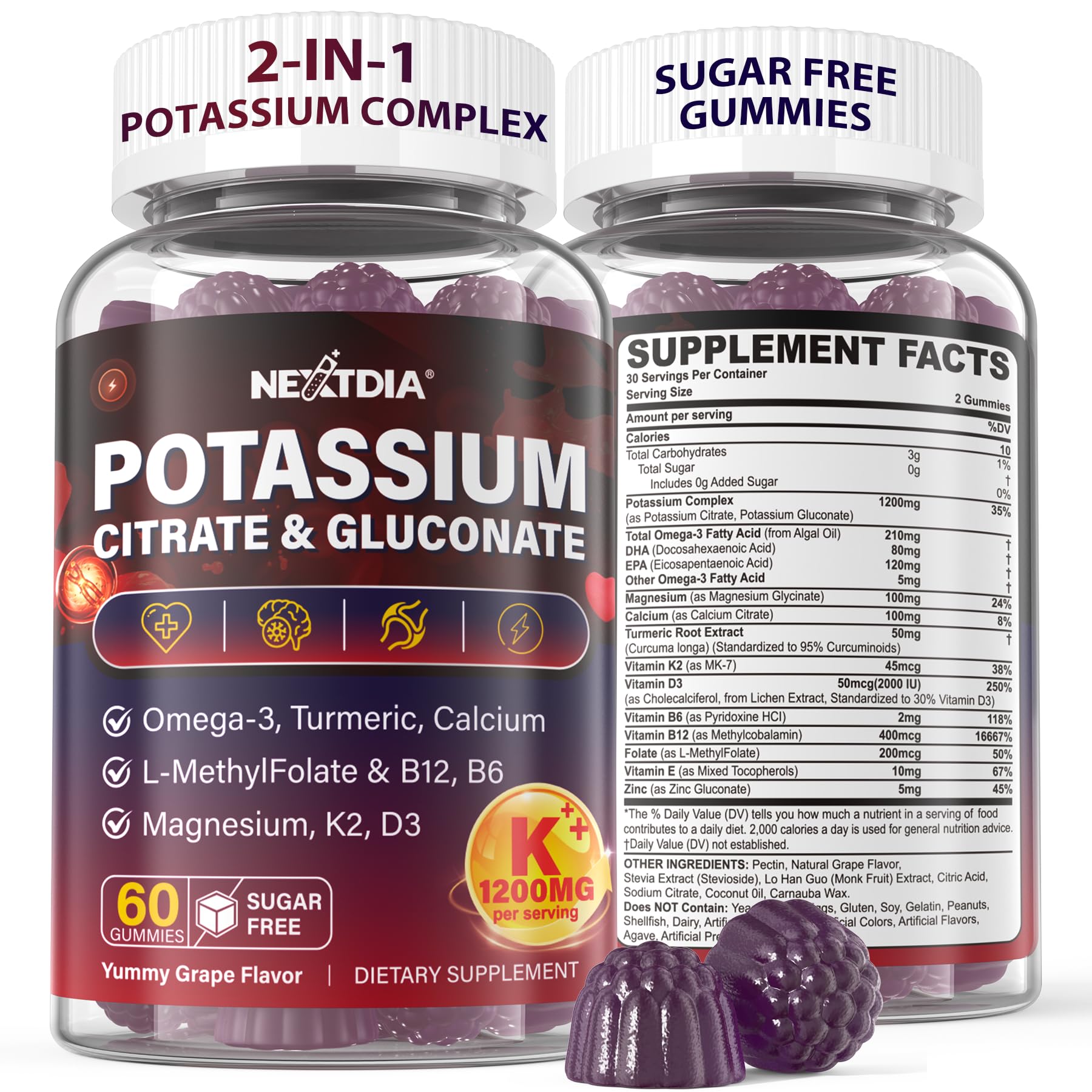 Nextdia Potassium Gummies 1200mg bottle front view