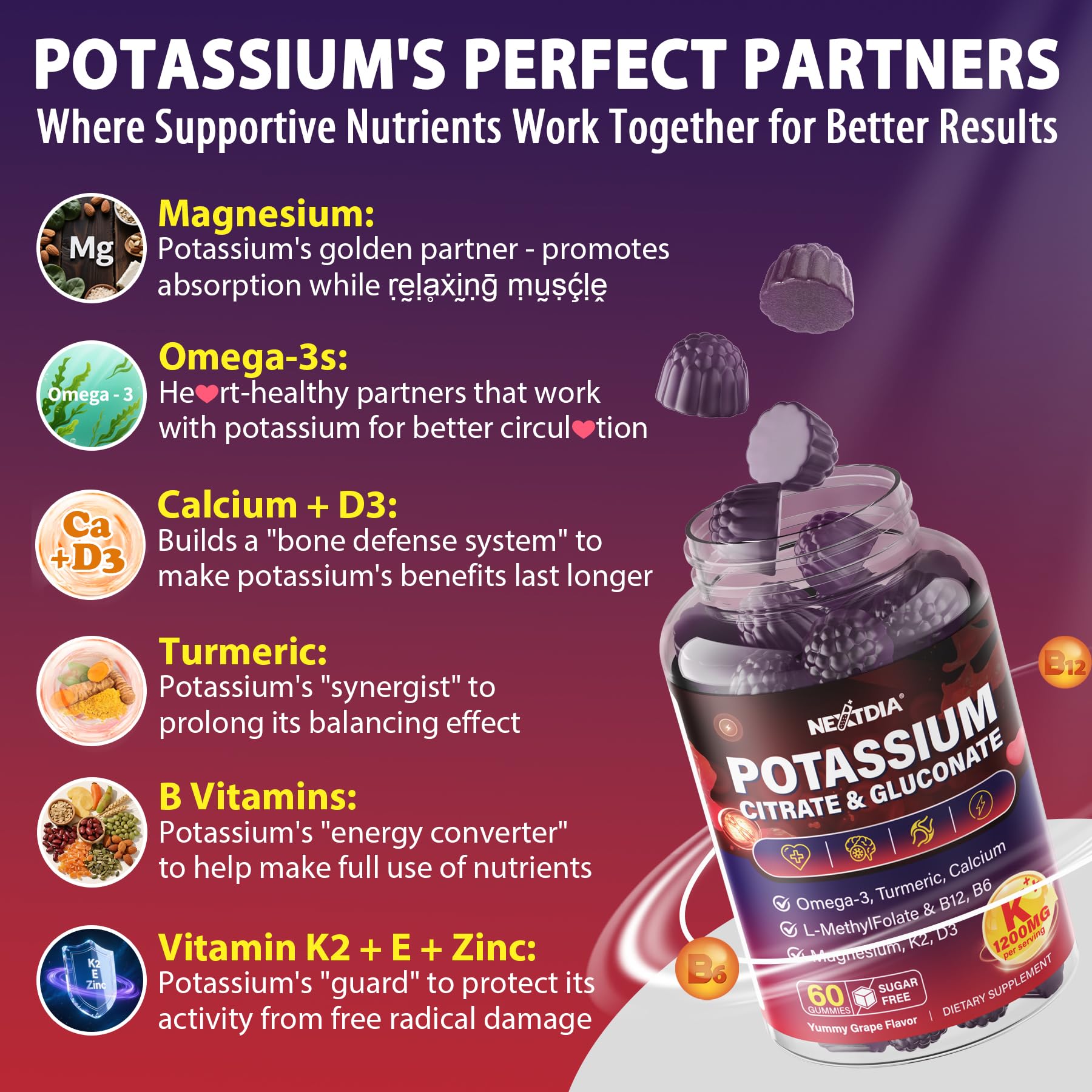 Nextdia Potassium Gummies 1200mg with omega-3s on a table