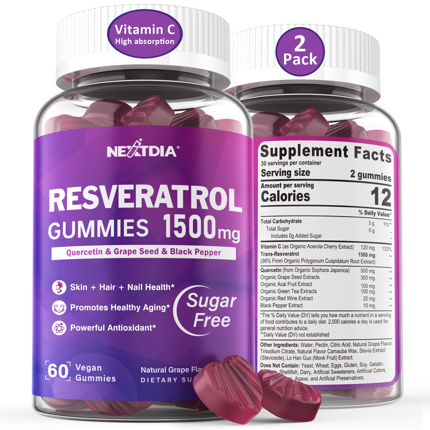Nextdia Resveratrol Gummies 1500mg front view of packaging