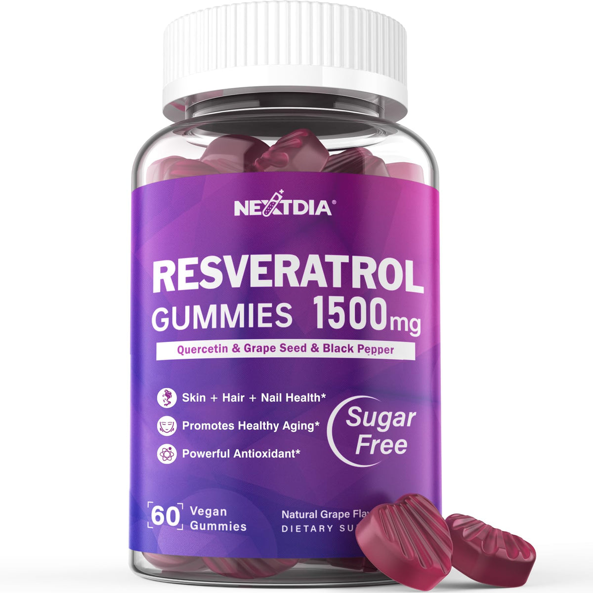 Nextdia Resveratrol Gummies 1500mg front view with packaging