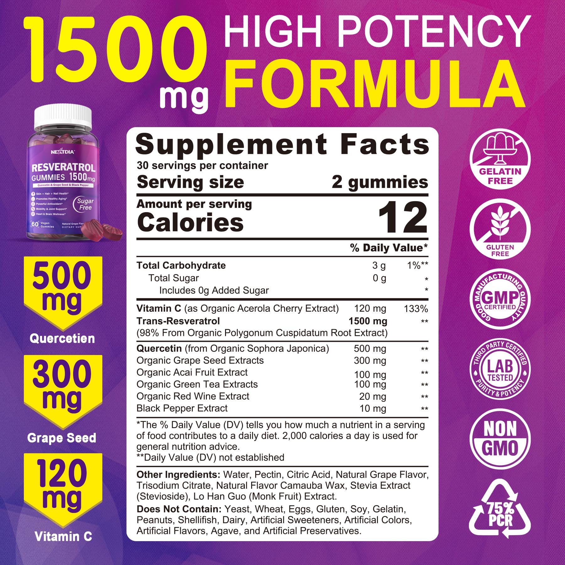 Nextdia Resveratrol Gummies 1500mg side view showing ingredients
