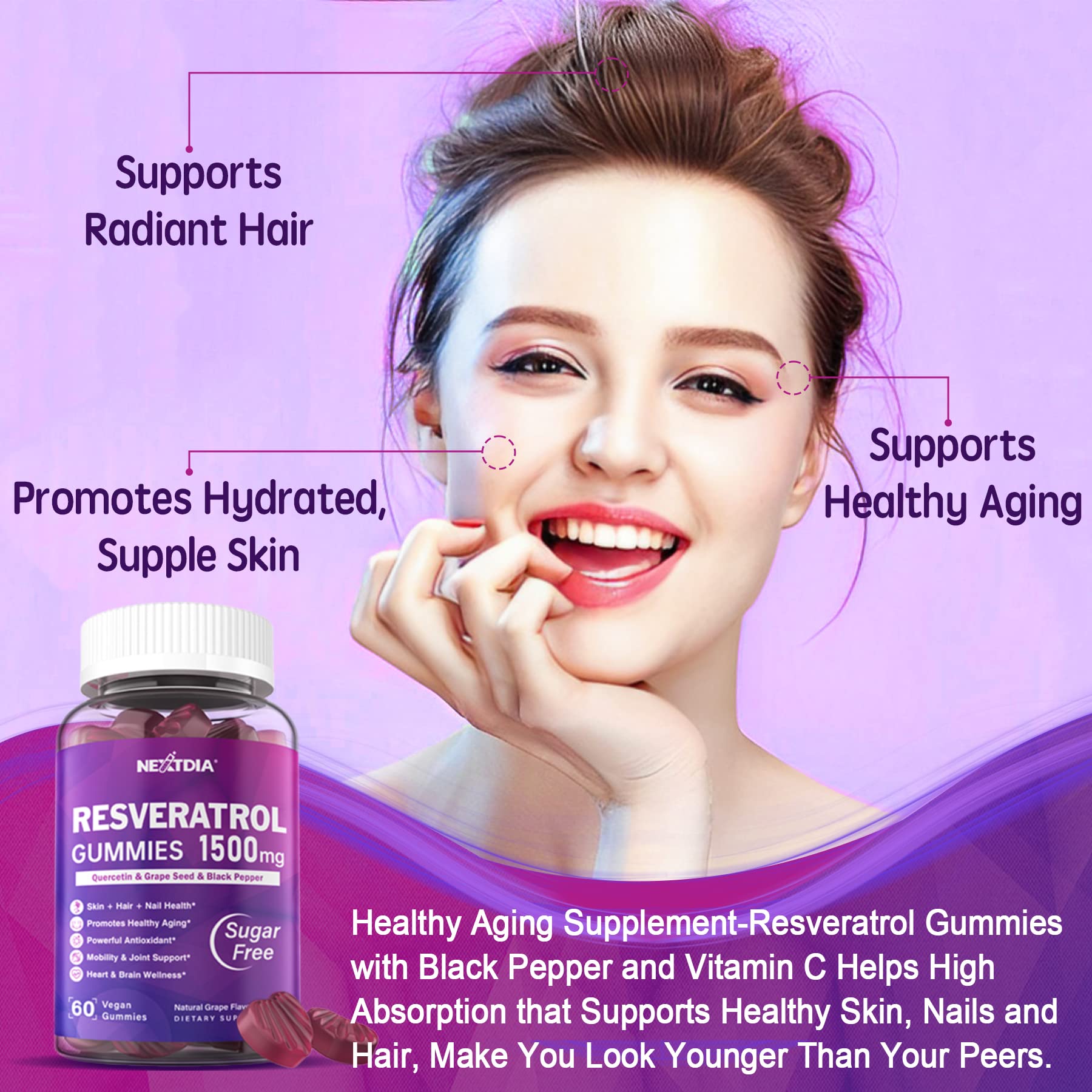 Nextdia Resveratrol Gummies 1500mg with natural grape flavour