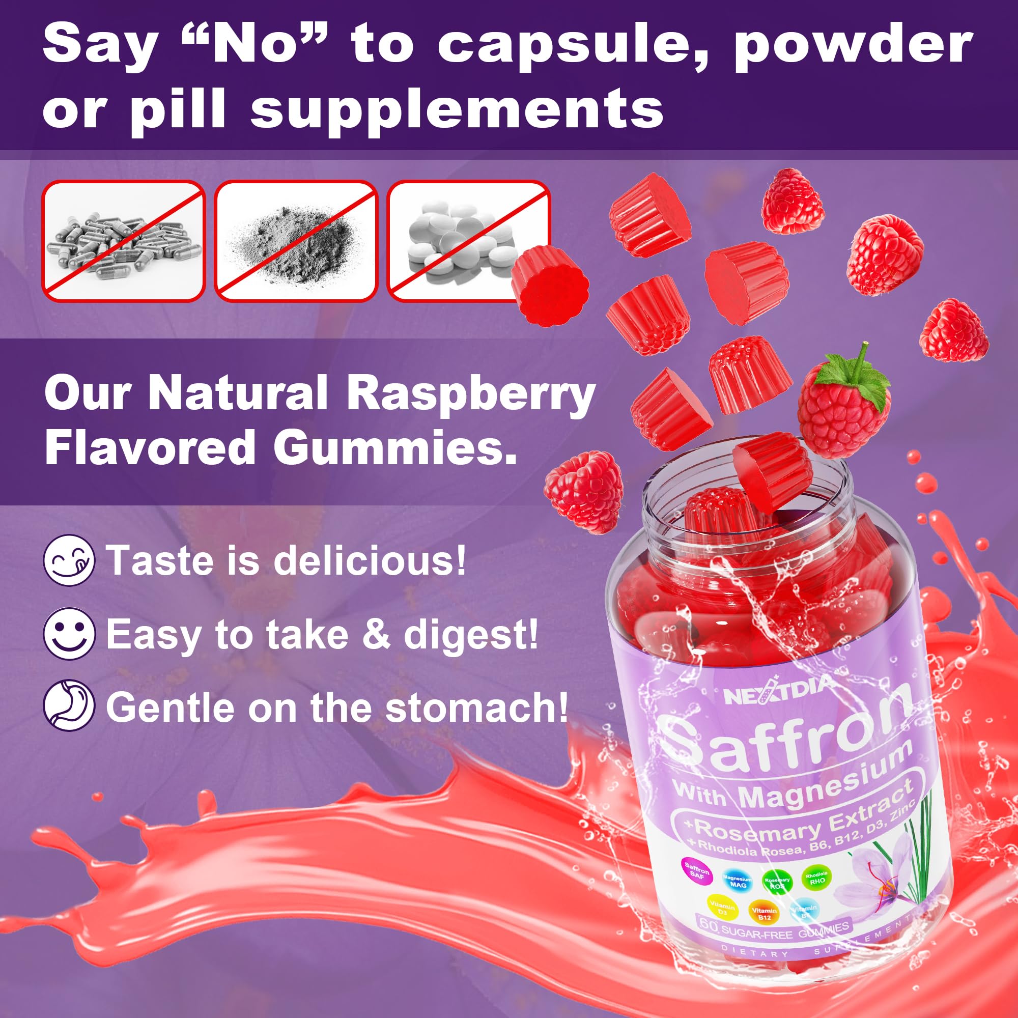 Nextdia Saffron Blend Gummies with a hand holding one gummy