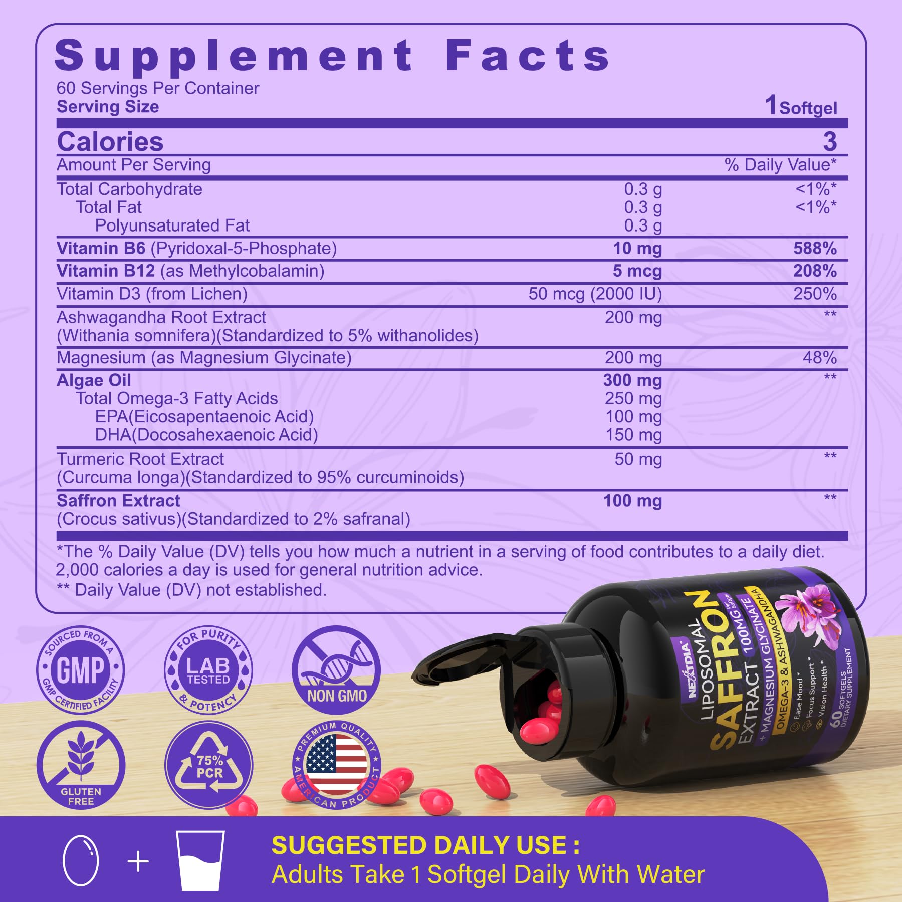 Nextdia Saffron Softgels 100mg back view with ingredient list