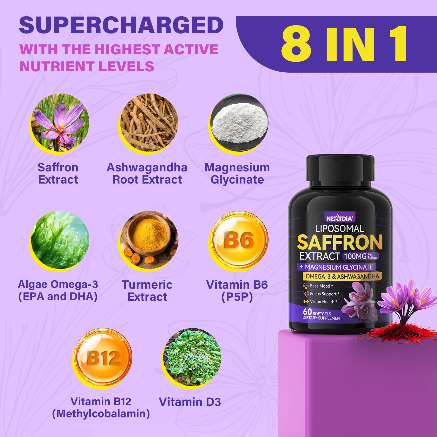 Nextdia Saffron Softgels 100mg on a wooden table