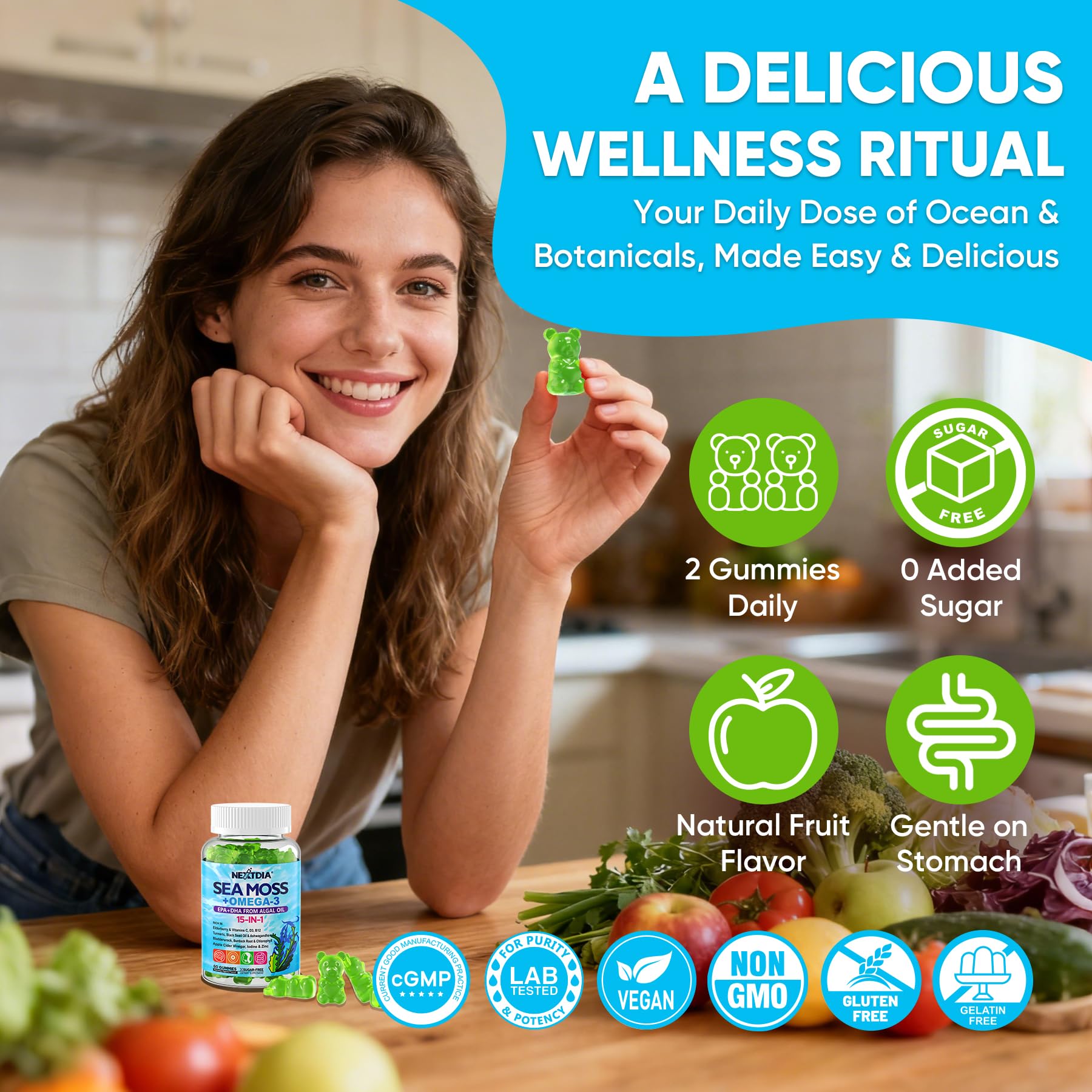 Nextdia Sea Moss + Omega-3 Gummies displayed with herbs