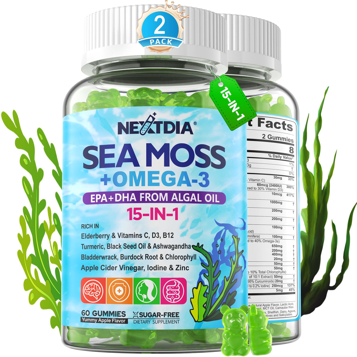 Nextdia Sea Moss + Omega-3 Gummies front view