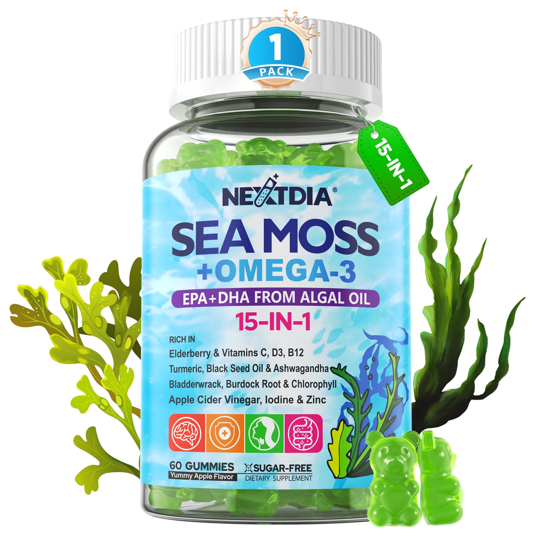 Nextdia Sea Moss + Omega-3 Gummies front view with green apple flavour