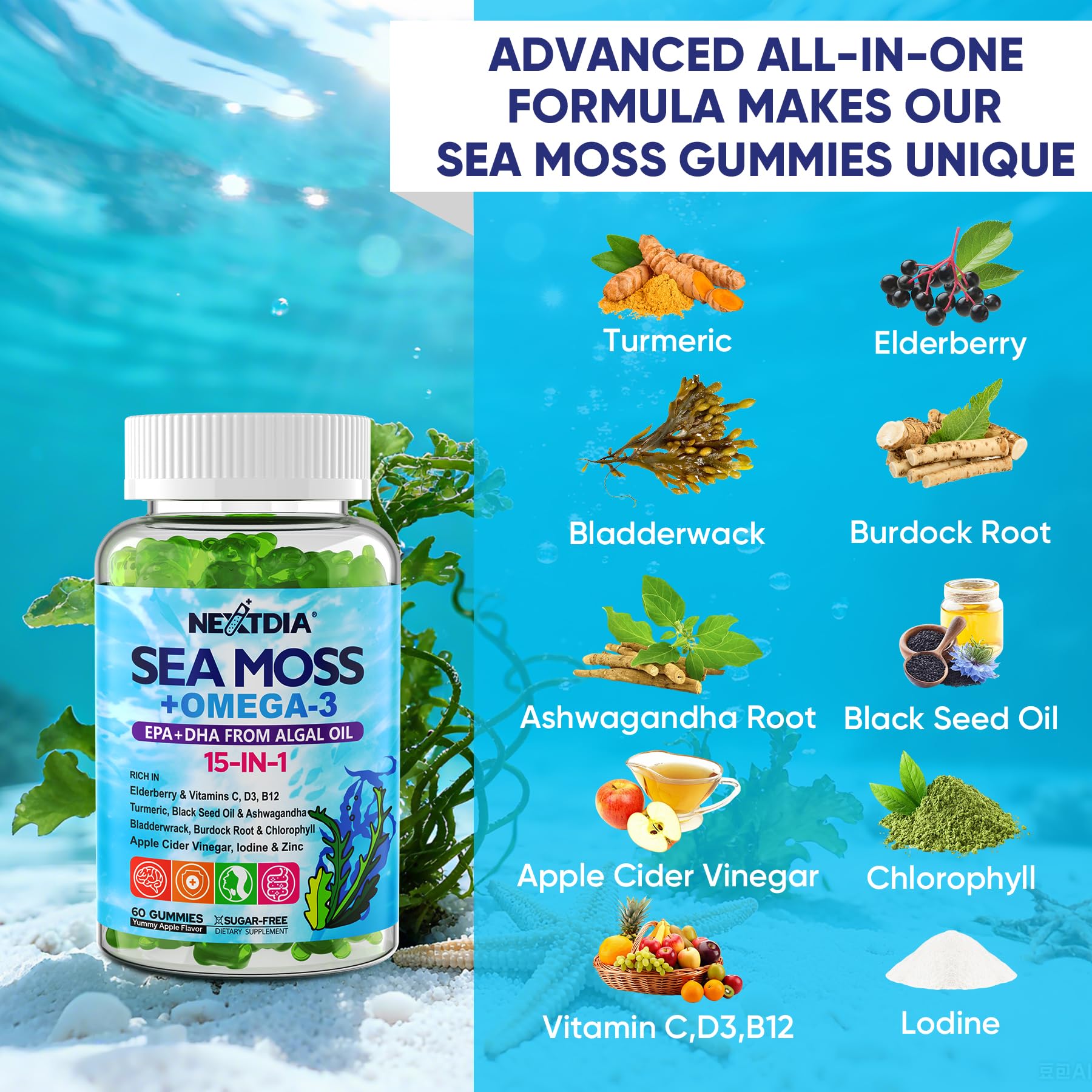 Nextdia Sea Moss + Omega-3 Gummies on a table