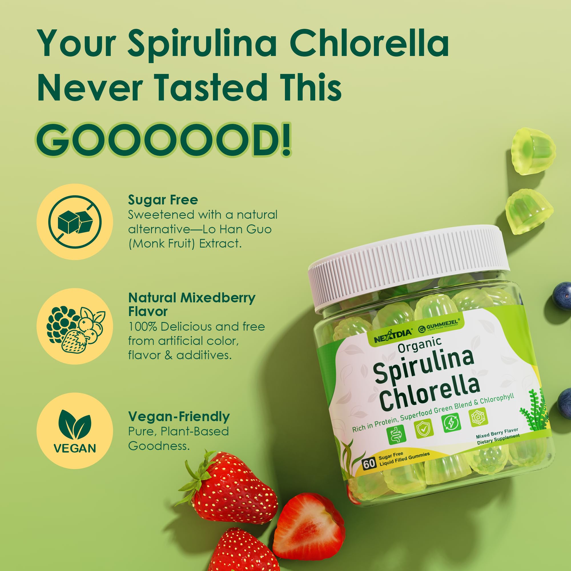 Nextdia Spirulina Chlorella Gummies close-up view