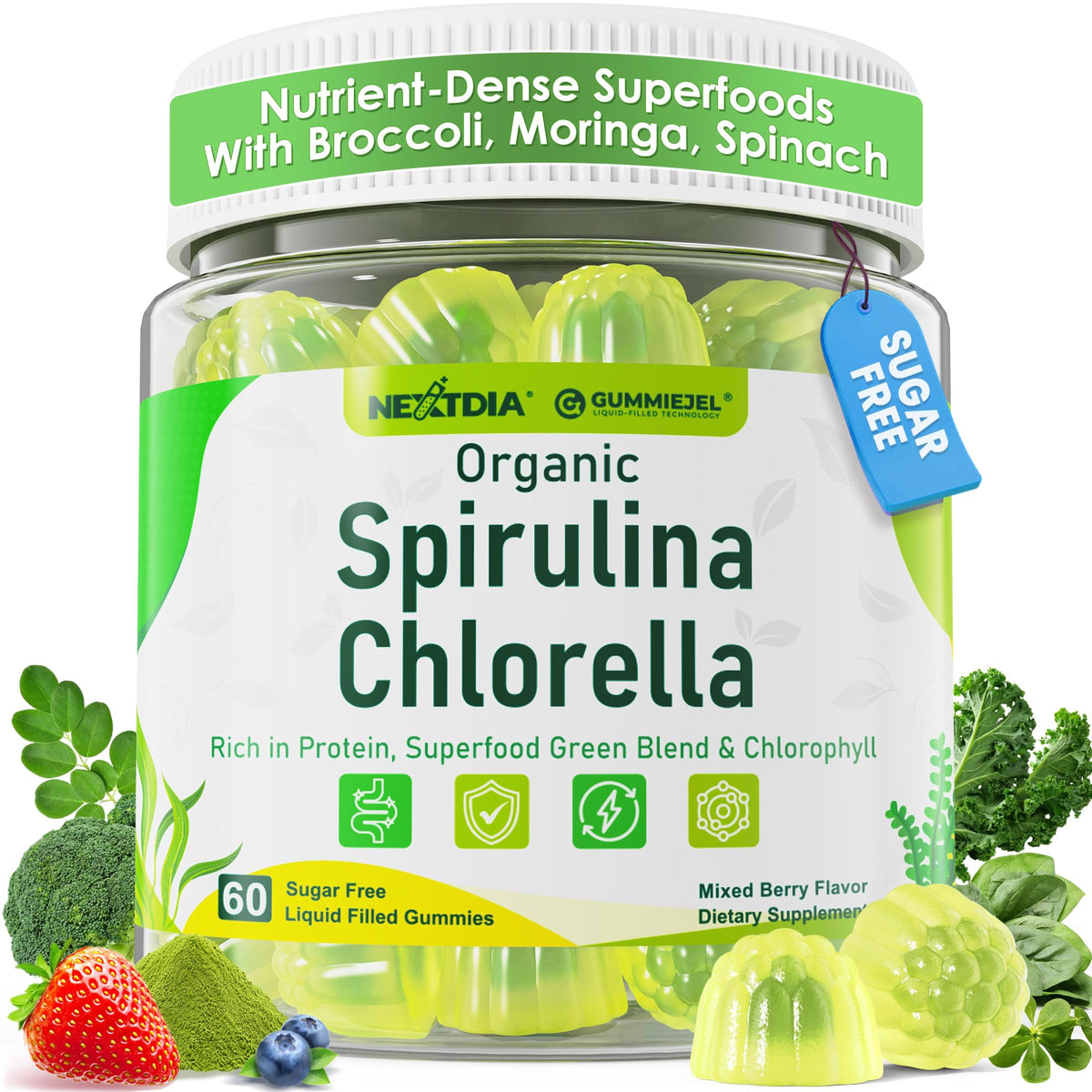 Nextdia Spirulina & Chlorella Gummies front view with packaging