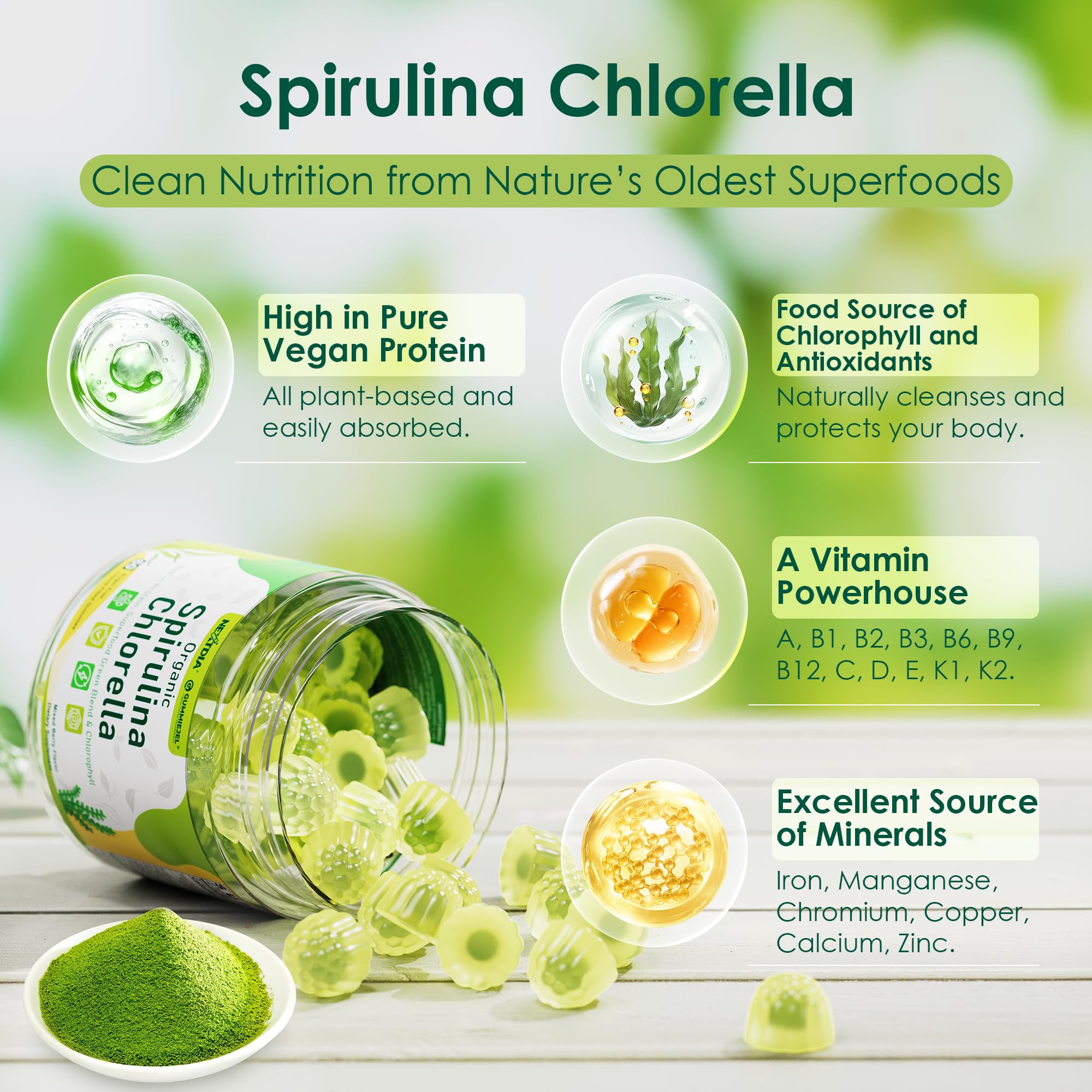 Nextdia Spirulina Chlorella Gummies with mixed blueberry flavour