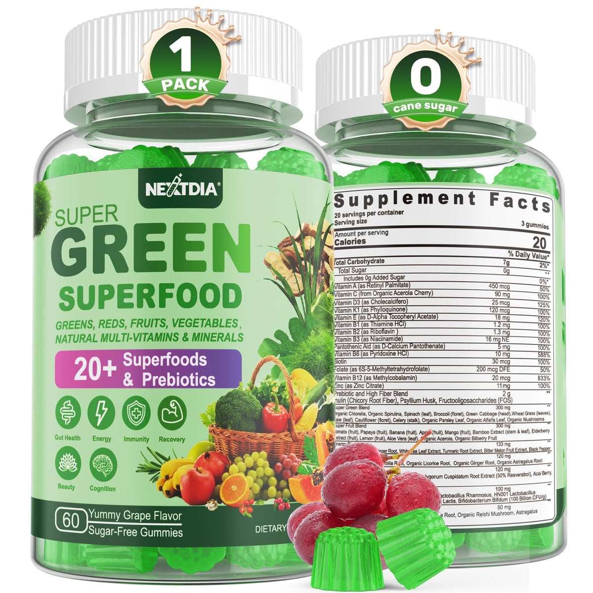 Nextdia Spirulina Gummies front view with packaging