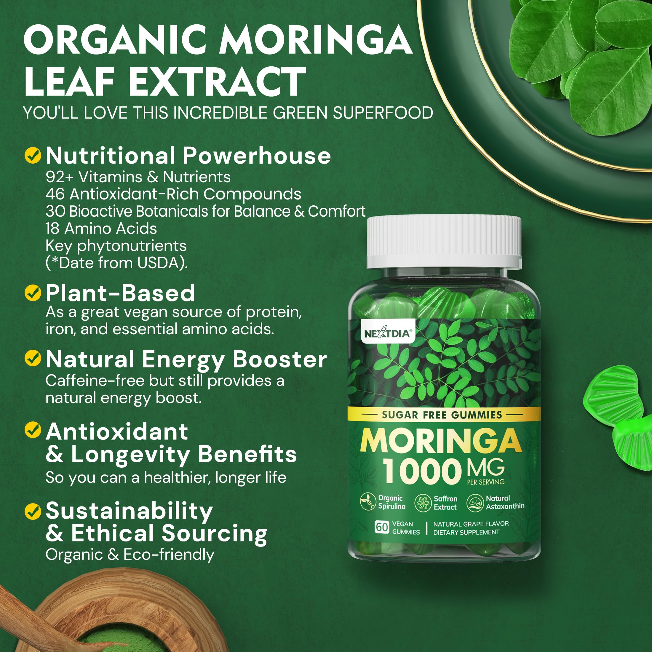Nextdia Spirulina Moringa Gummies displayed with fresh ingredients