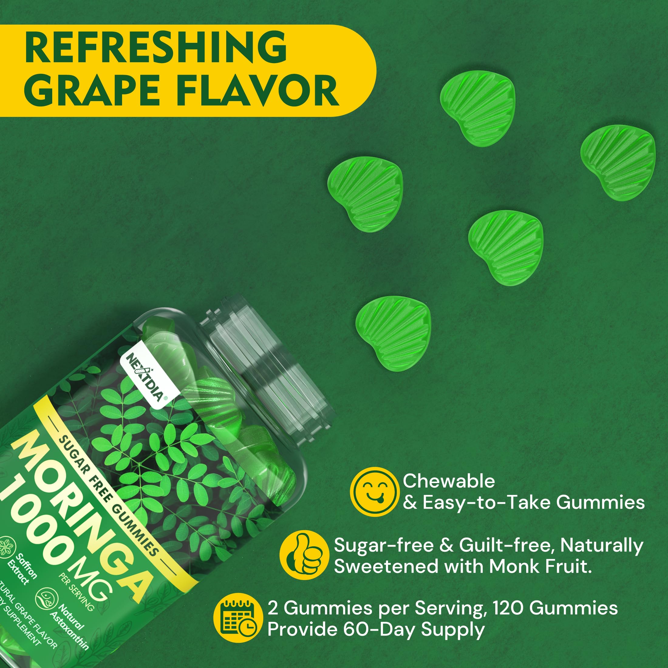 Nextdia Spirulina Moringa Gummies on a kitchen counter