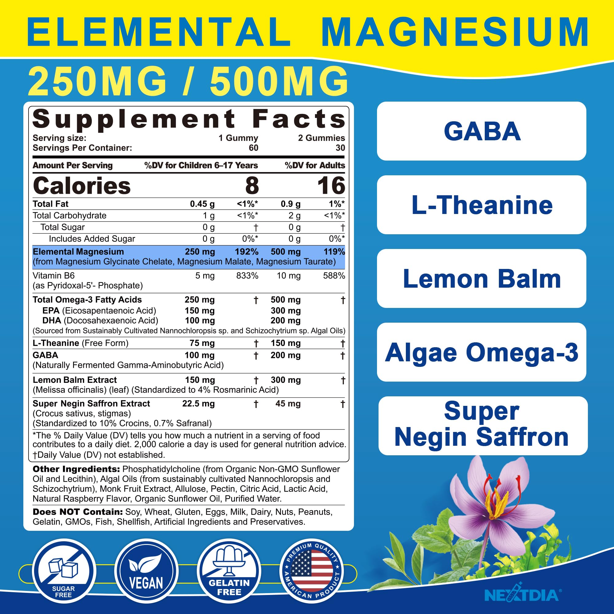 Nextdia Triple Magnesium Complex Gummies 500mg back view with ingredients