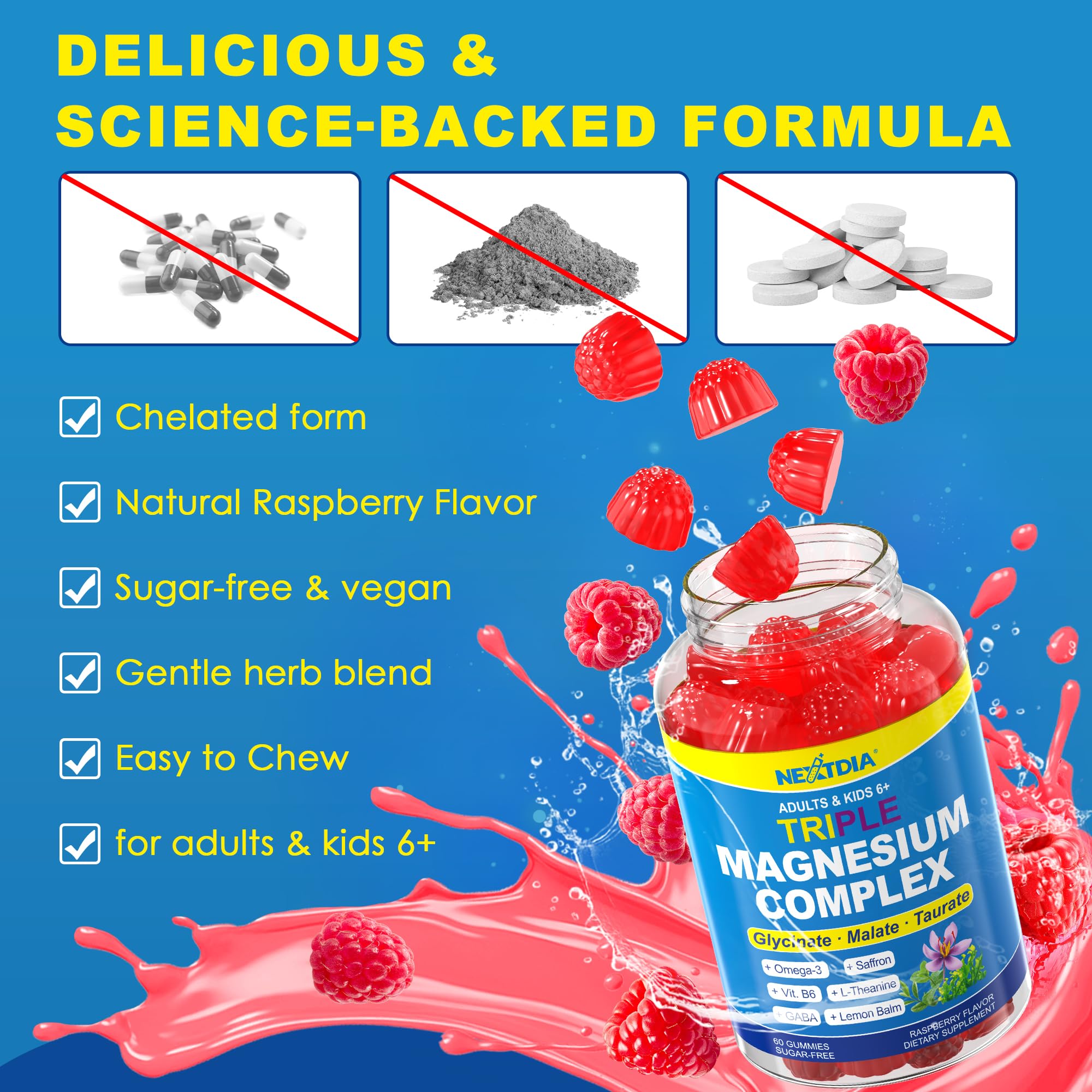 Nextdia Triple Magnesium Complex Gummies 500mg displayed with fresh raspberries