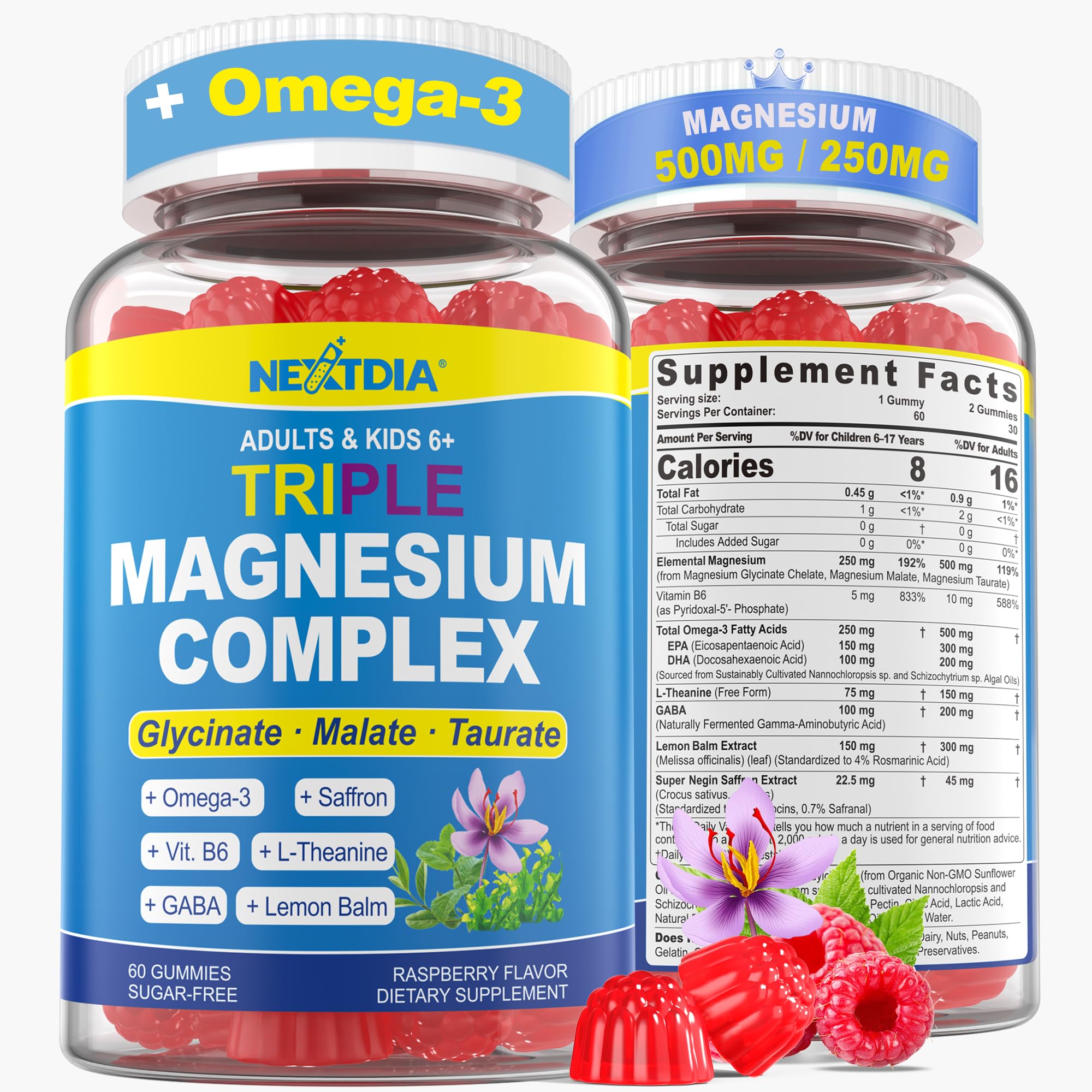 Nextdia Triple Magnesium Complex Gummies front view with raspberry flavour
