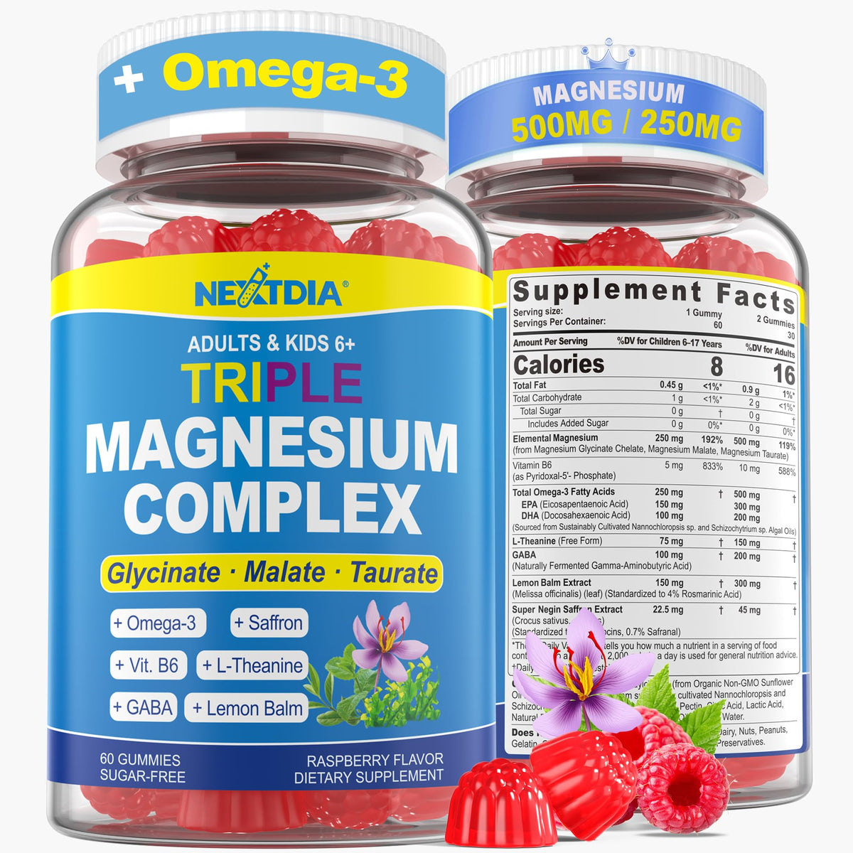 Nextdia Triple Magnesium Complex Gummies front view with raspberry flavour