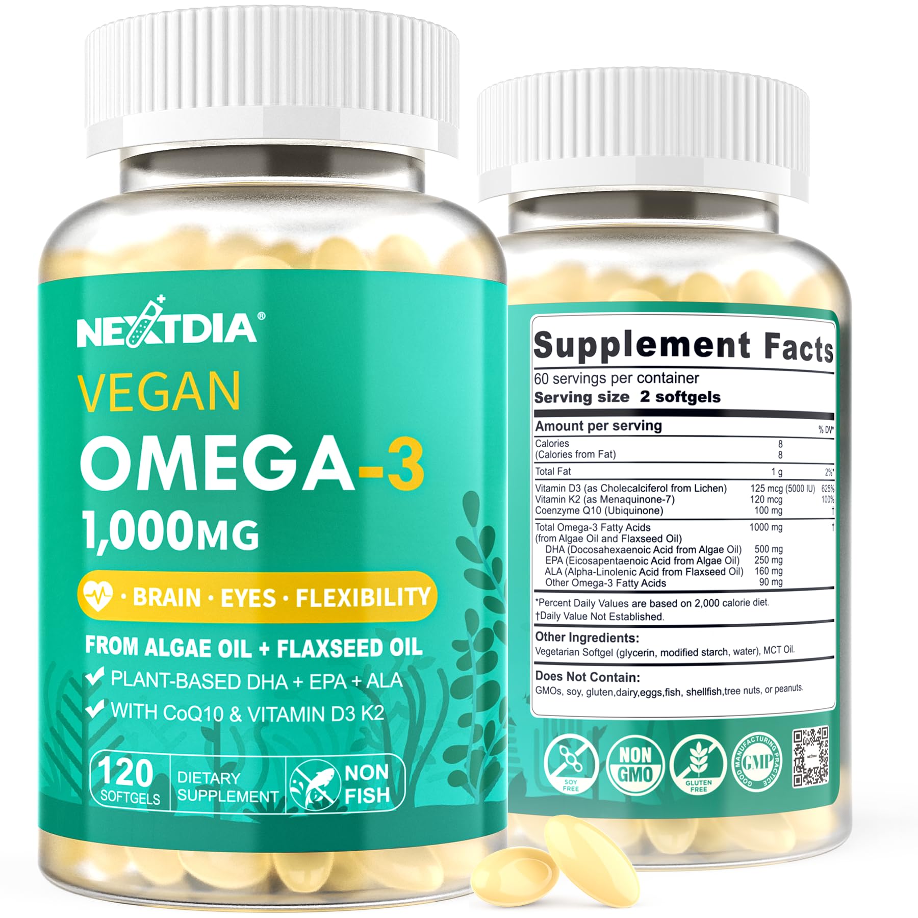 Nextdia Vegan Omega 3 1000mg supplement front view