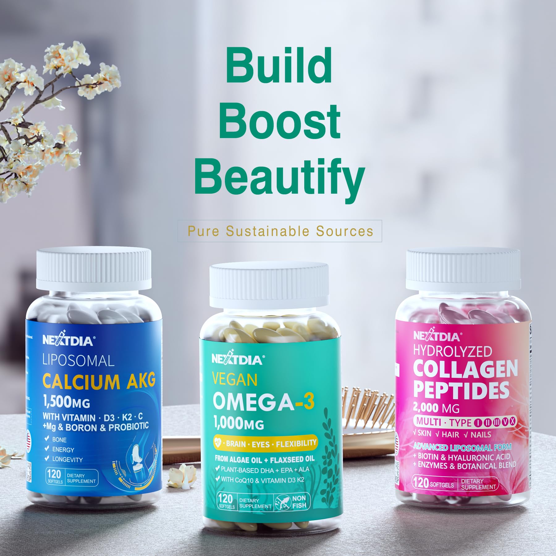 Nextdia Vegan Omega 3 Supplement 1000mg on a wooden table