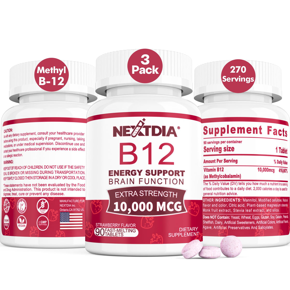 Nextdia Vitamin B12 Methyl 10000mcg tablet front view