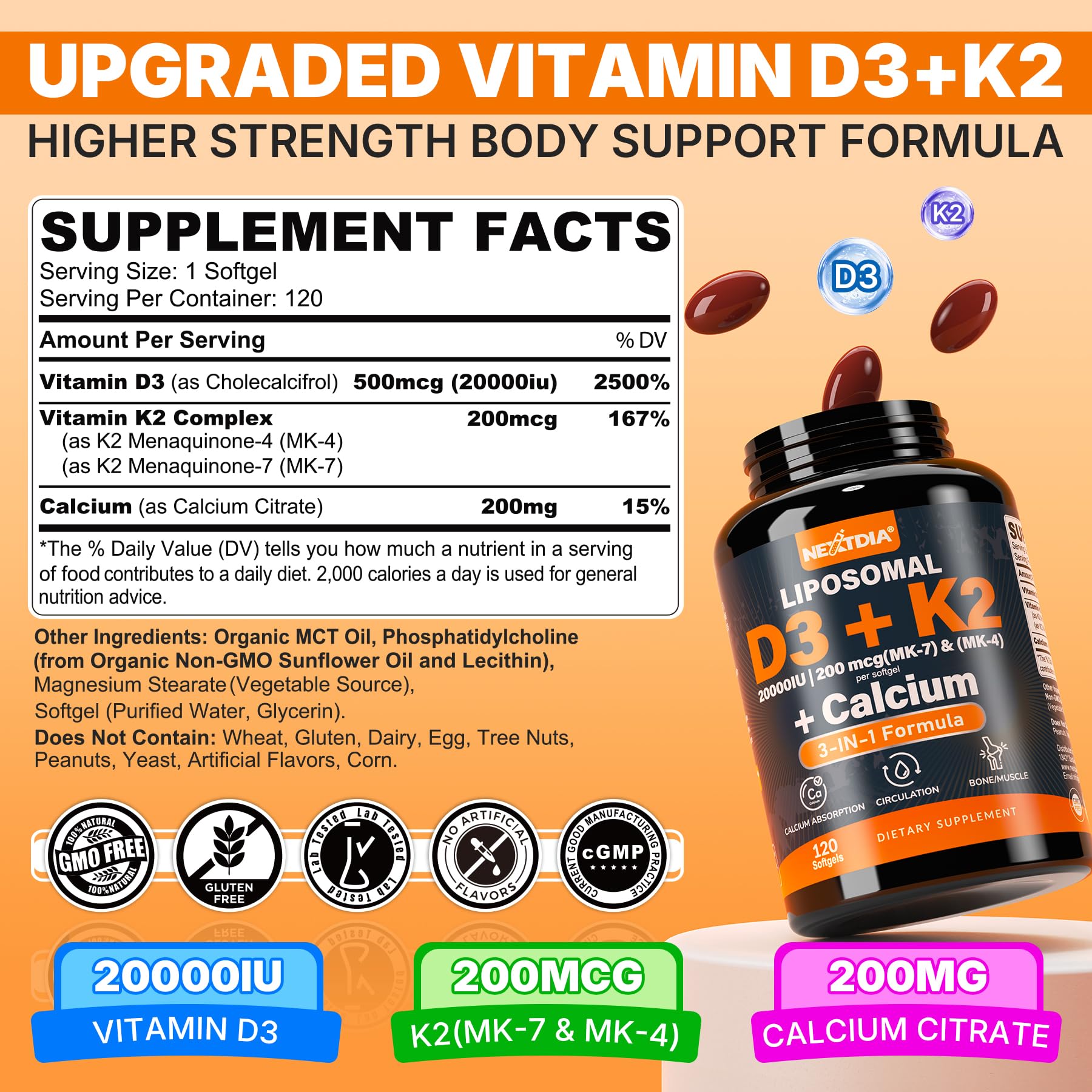 Nextdia Vitamin D3 K2 Softgels 20,000 IU back view