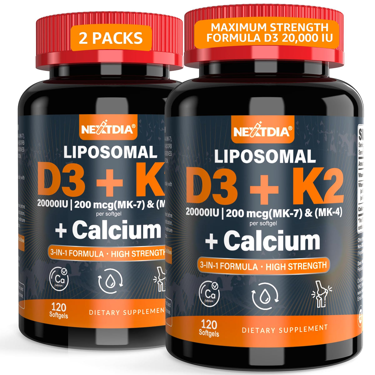 Nextdia Vitamin D3 & K2 Softgels 20,000 IU front view