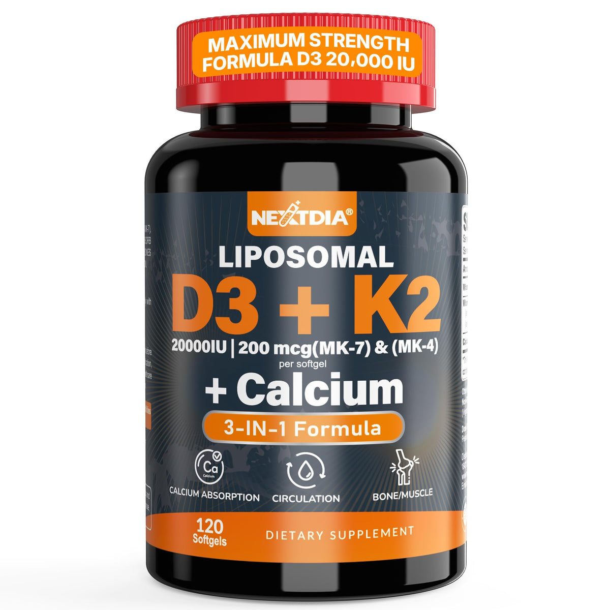Nextdia Vitamin D3 K2 Softgels 20,000 IU front view