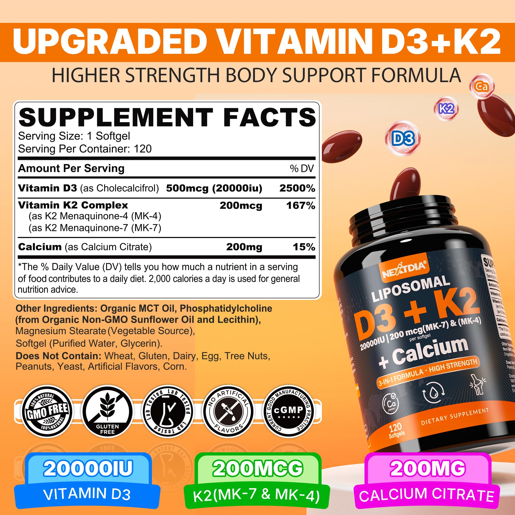 Nextdia Vitamin D3 & K2 Softgels 20,000 IU packaging