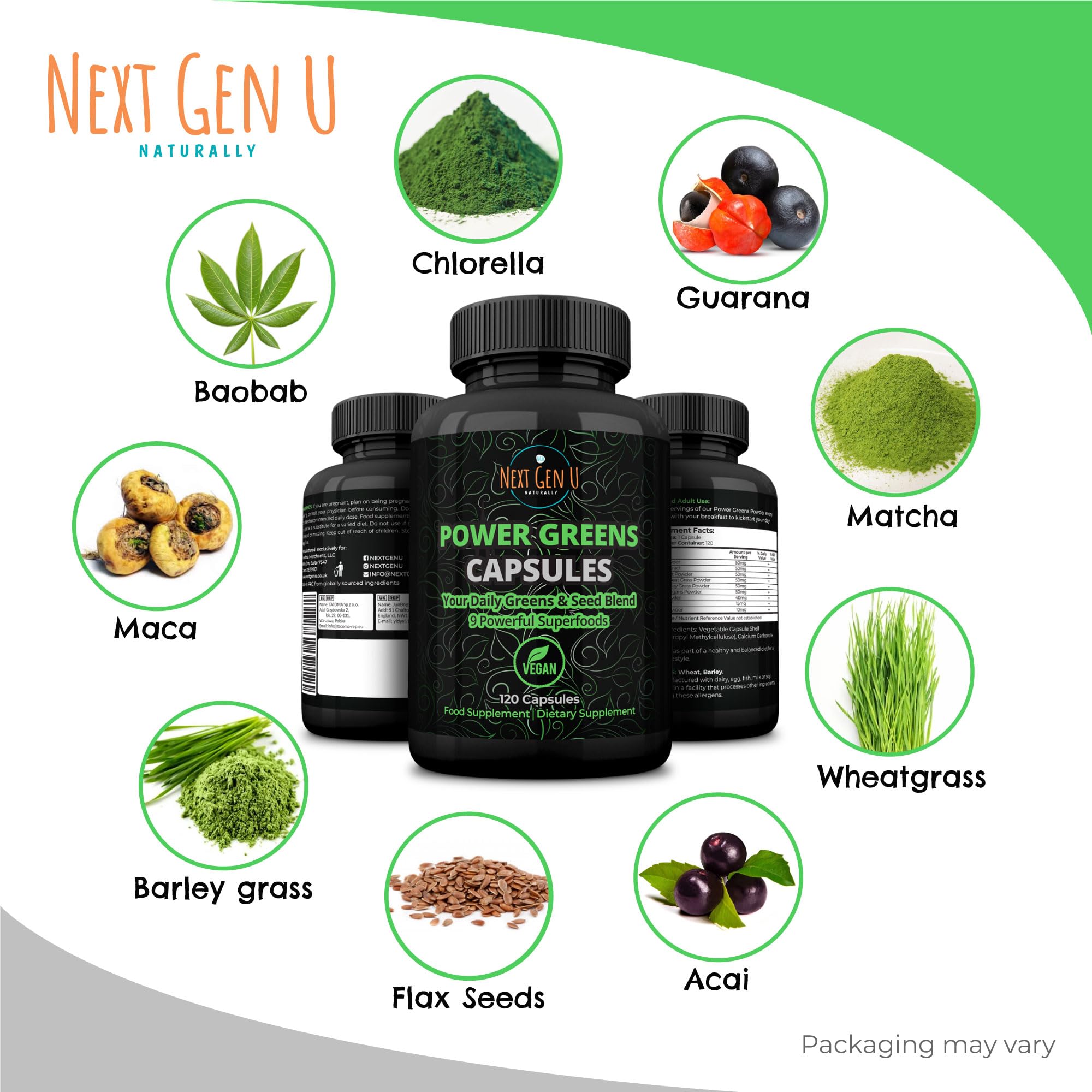 NGU Next Gen U Chlorella Capsules on a wooden table
