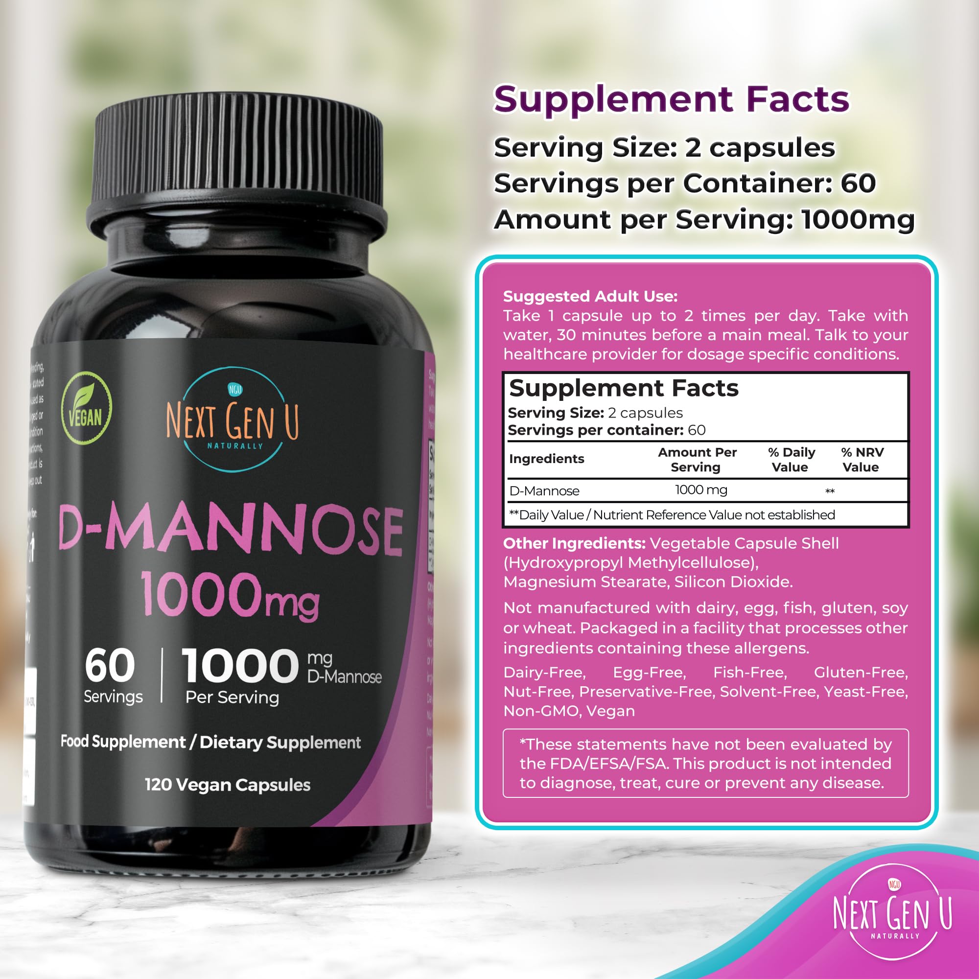 NGU Next Gen U D-Mannose Caplets with a measuring spoon