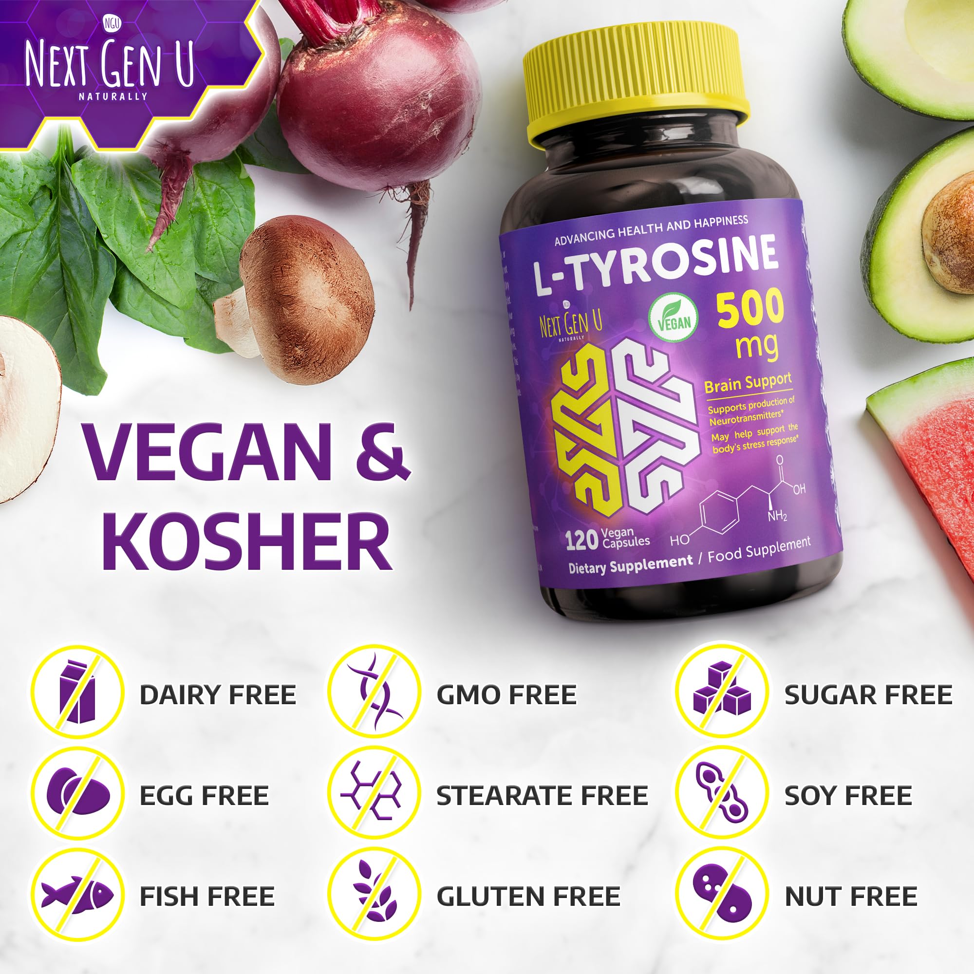 NGU Next Gen U L-Tyrosine supplement capsules on a table