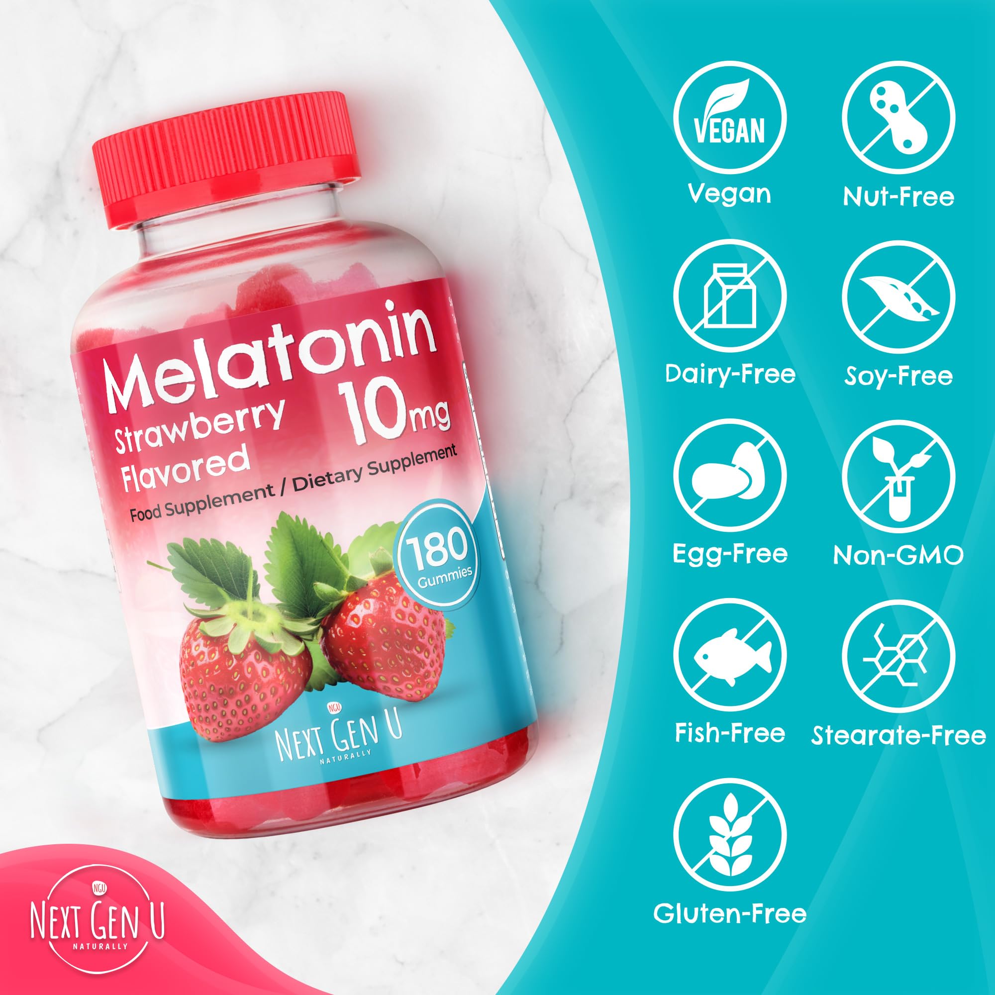 NGU Next Gen U Melatonin Gummies 10mg Strawberry flavour gummies in a bowl