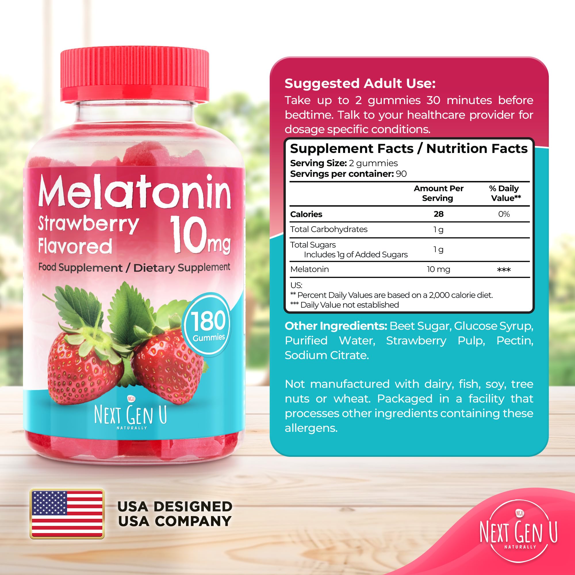 NGU Next Gen U Melatonin Gummies 10mg Strawberry flavour with a glass of water