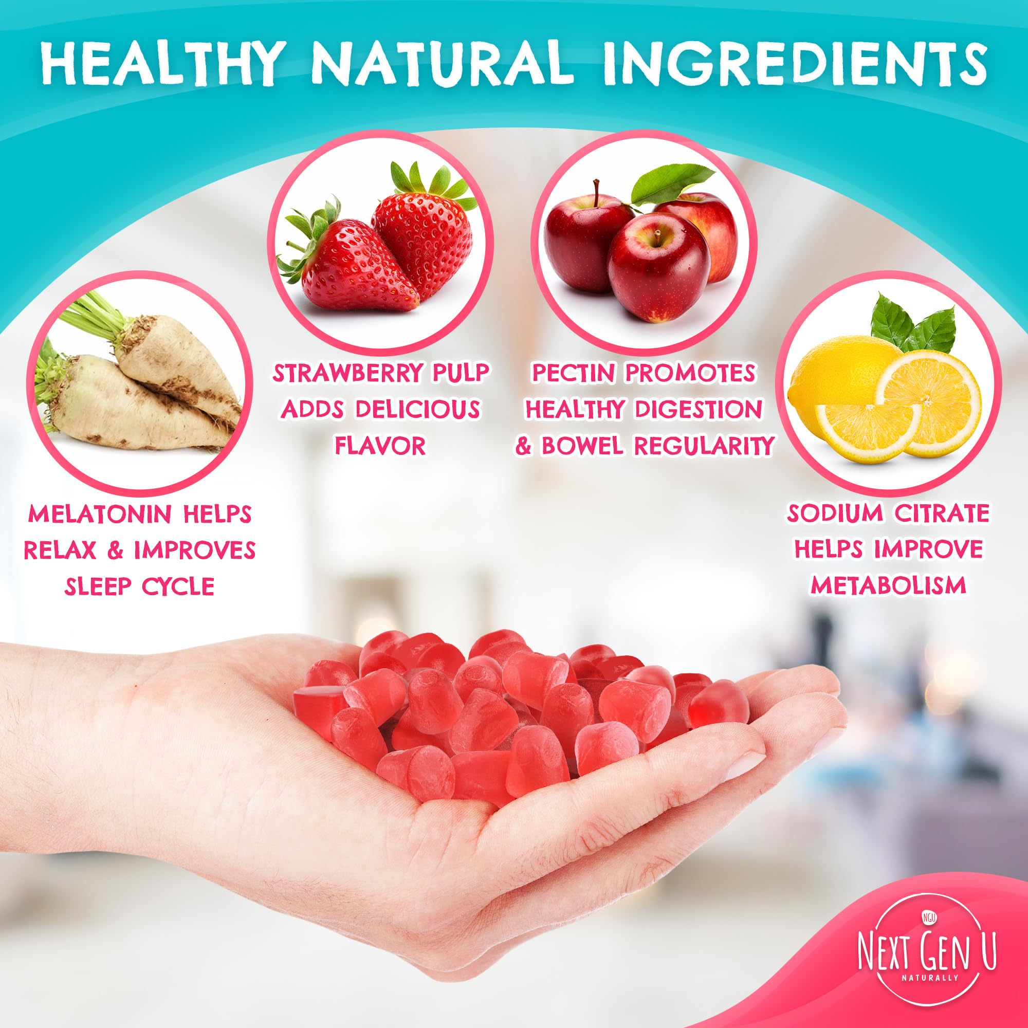 NGU Next Gen U Melatonin Gummies 10mg Strawberry on a table