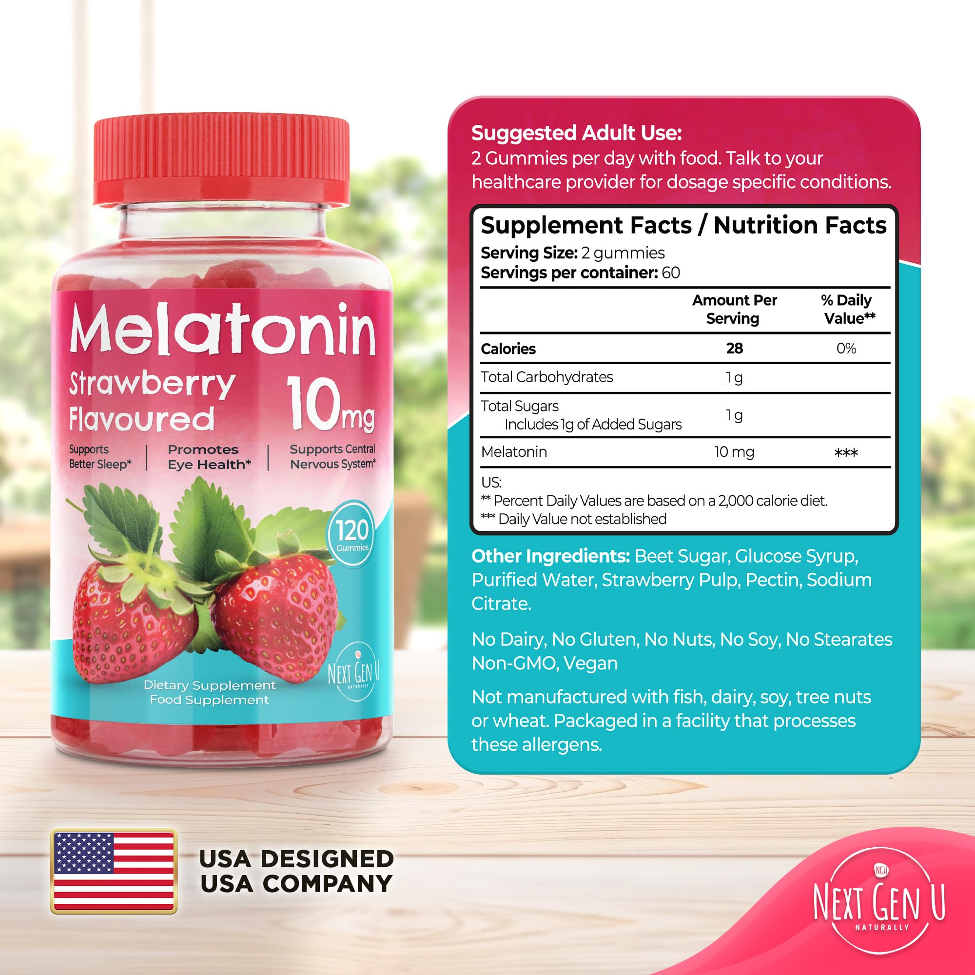 NGU Next Gen U Melatonin Gummies 10mg Strawberry with fruit