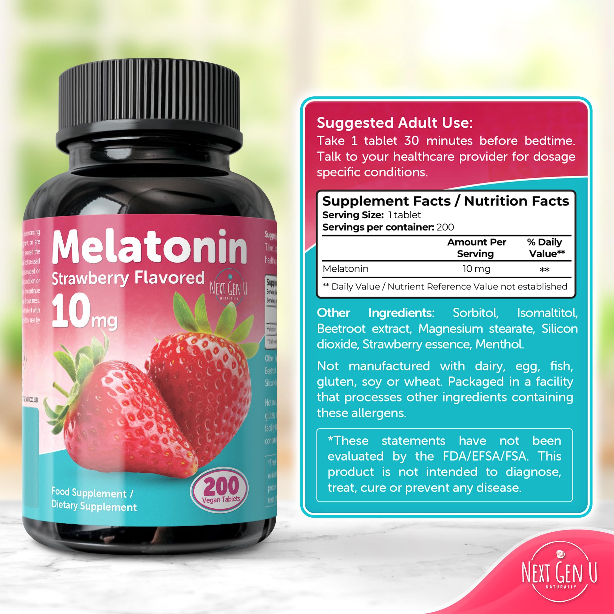 NGU Next Gen U Melatonin Sleep Supplement 10mg tablets with lifestyle setting
