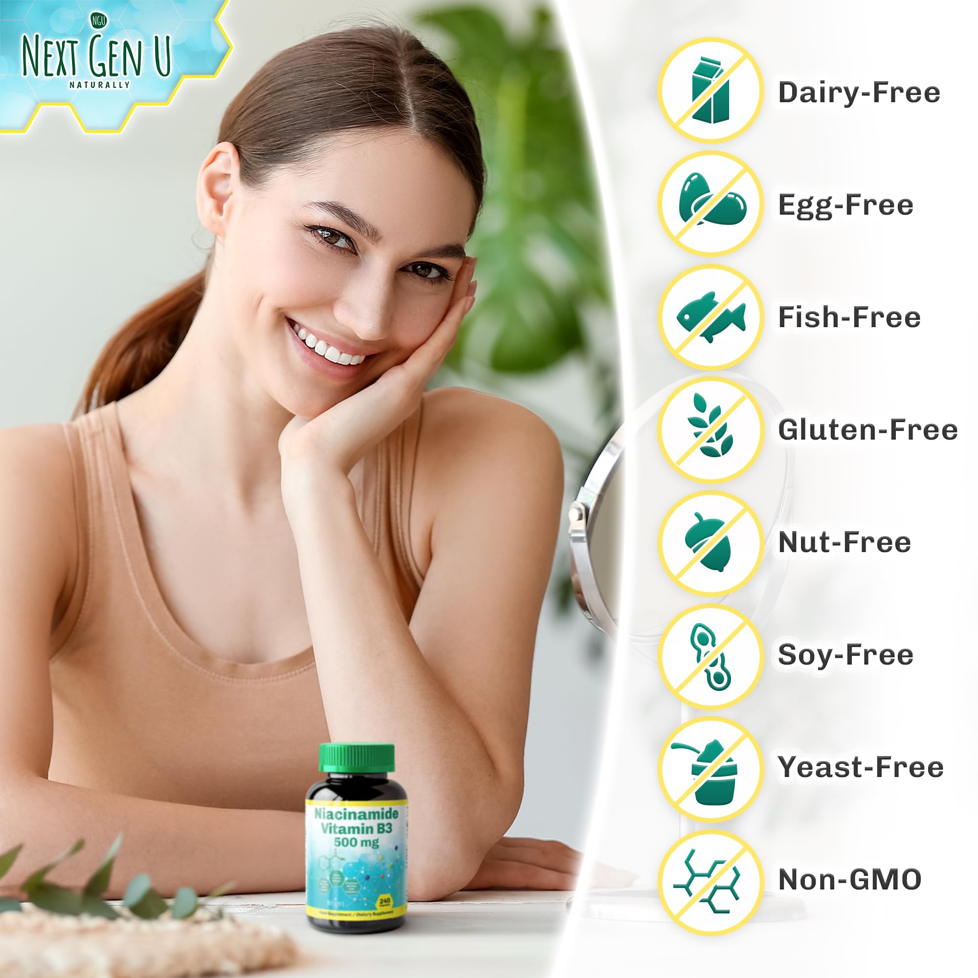 NGU Next Gen U Niacin dietary supplement capsules bottle side view