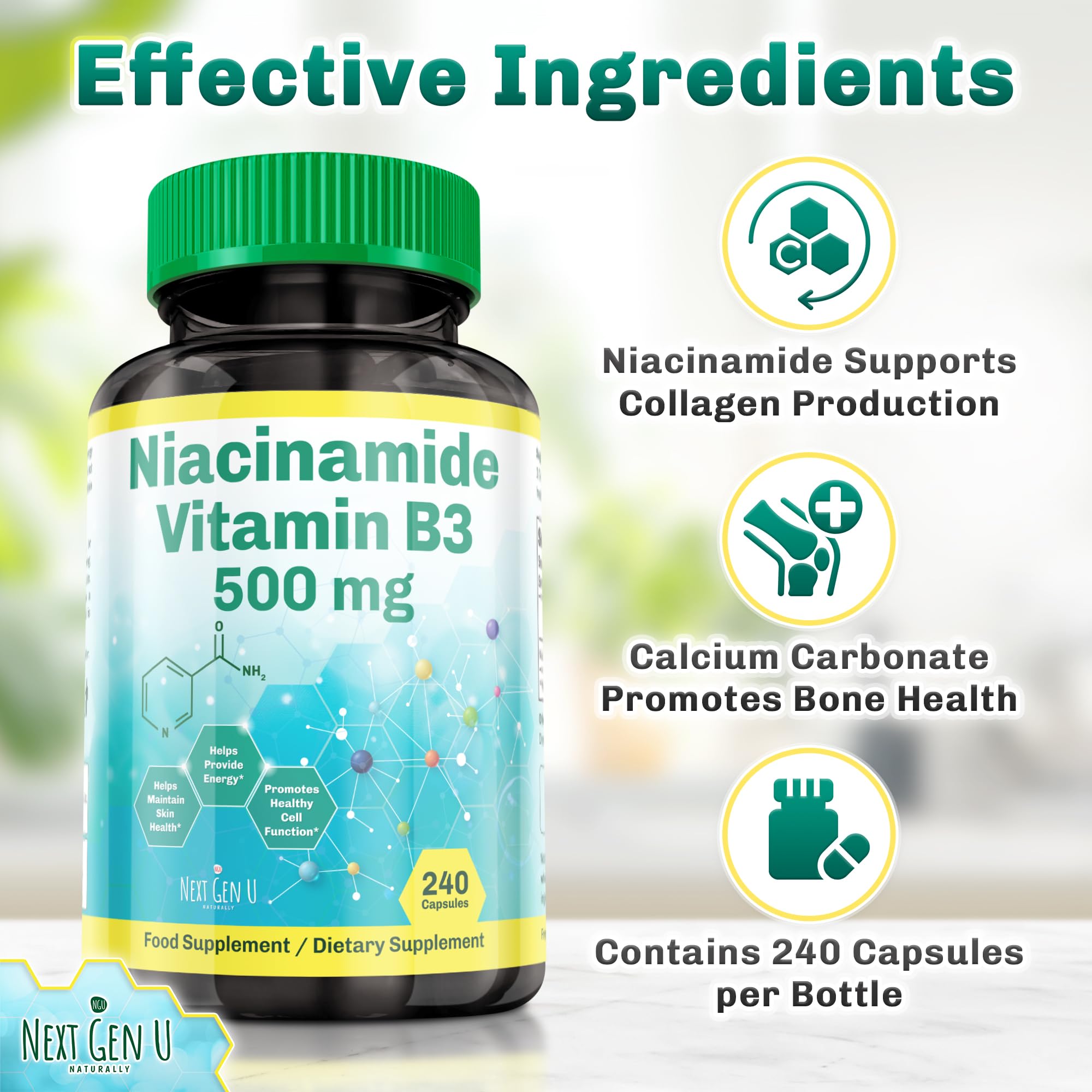 NGU Next Gen U Niacin dietary supplement capsules with measuring spoon