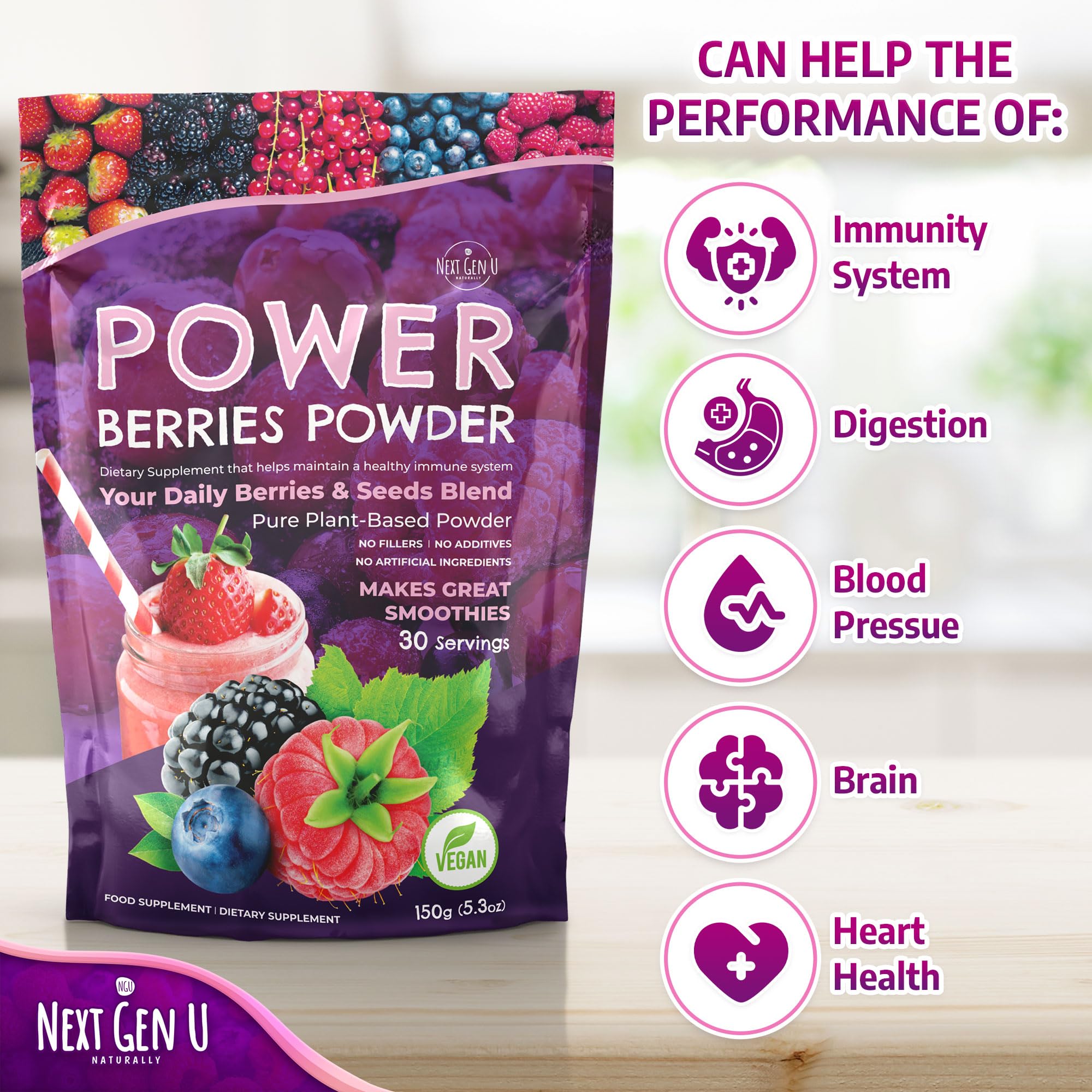 NGU Next Gen U Super Berry Powder 649g scoop with powder