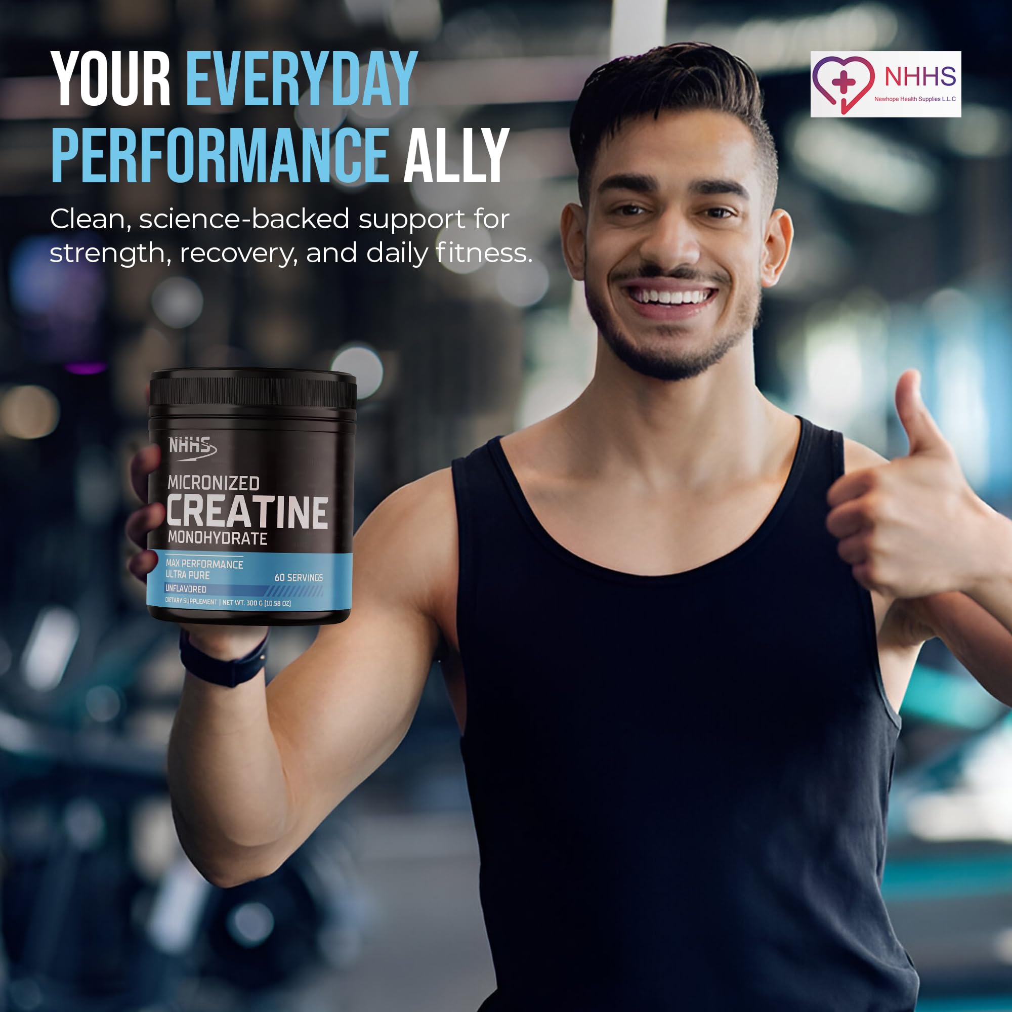 NHHS Micronized Creatine Monohydrate 5g Powder with shaker bottle