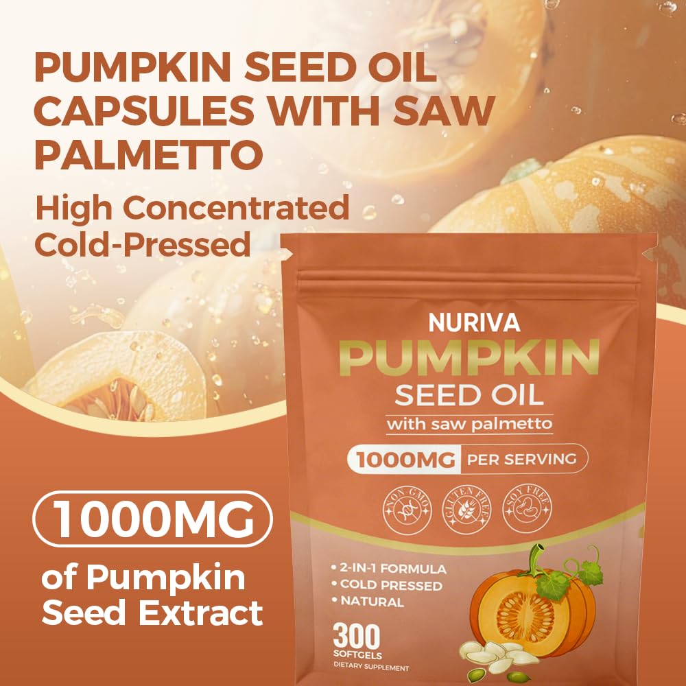 Nichalous Pumpkin Seed Oil & Saw Palmetto softgels on a wooden table